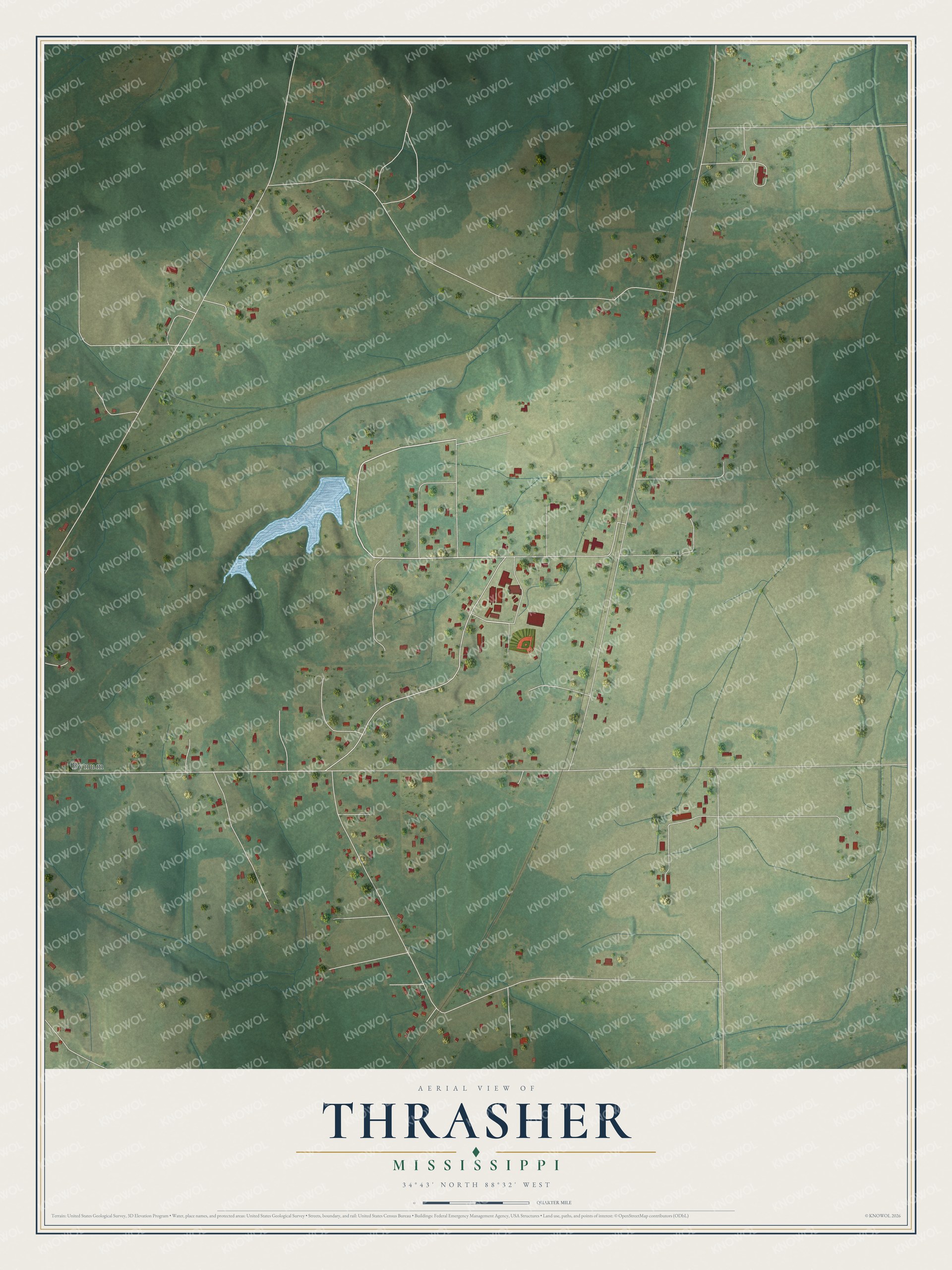 Full map of Thrasher, Mississippi, with red buildings, printed street names and the land around them