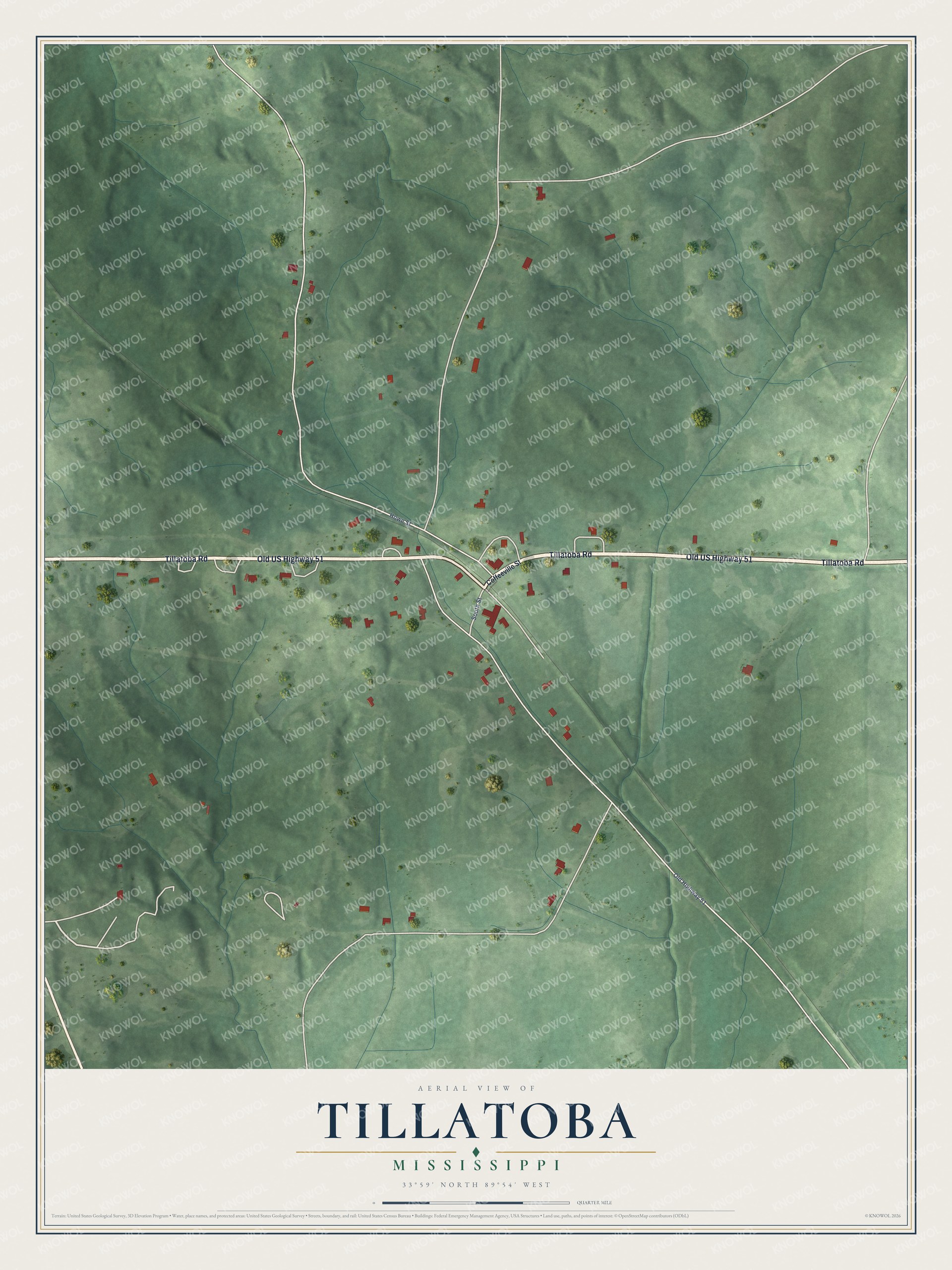Full map of Tillatoba, Mississippi, with red buildings, printed street names and the land around them