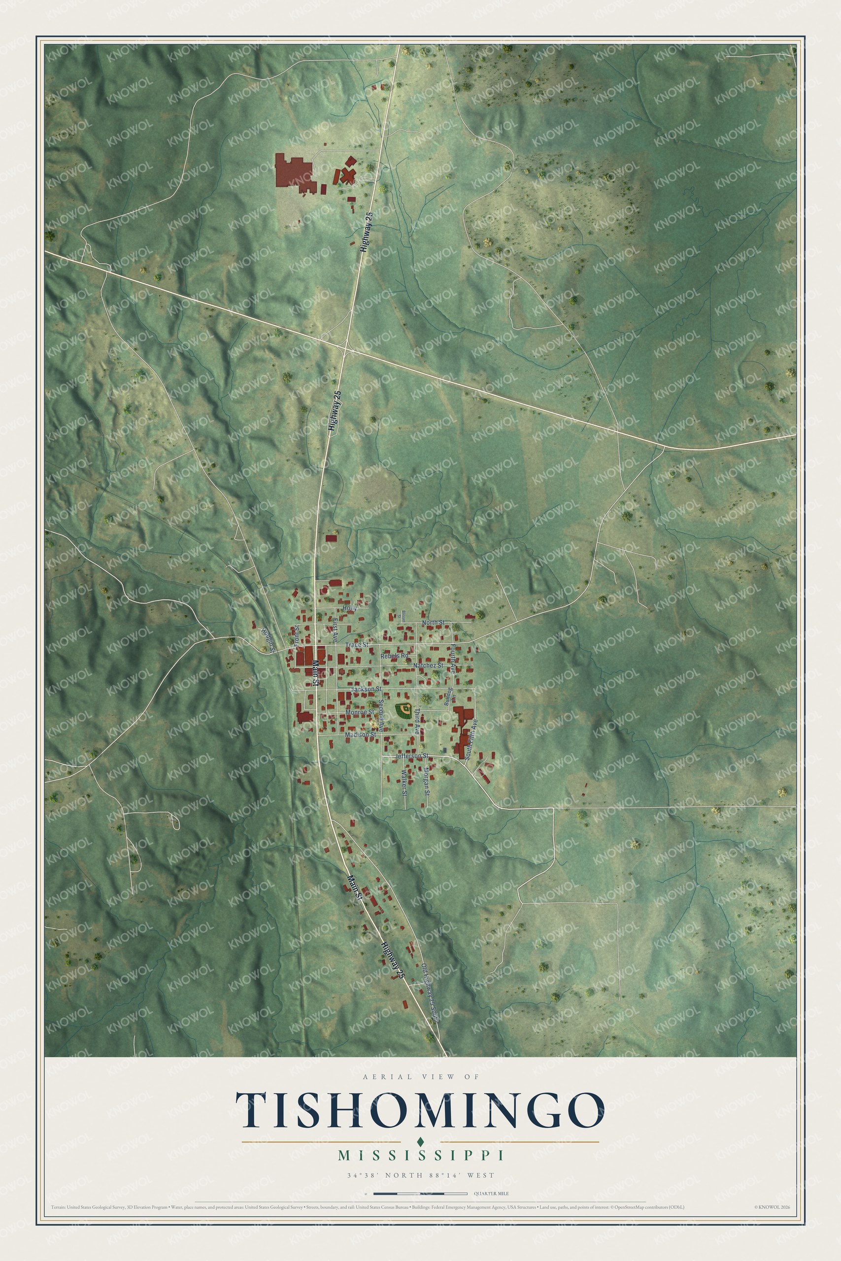 Full map of Tishomingo, Mississippi, with red buildings, printed street names and the land around them