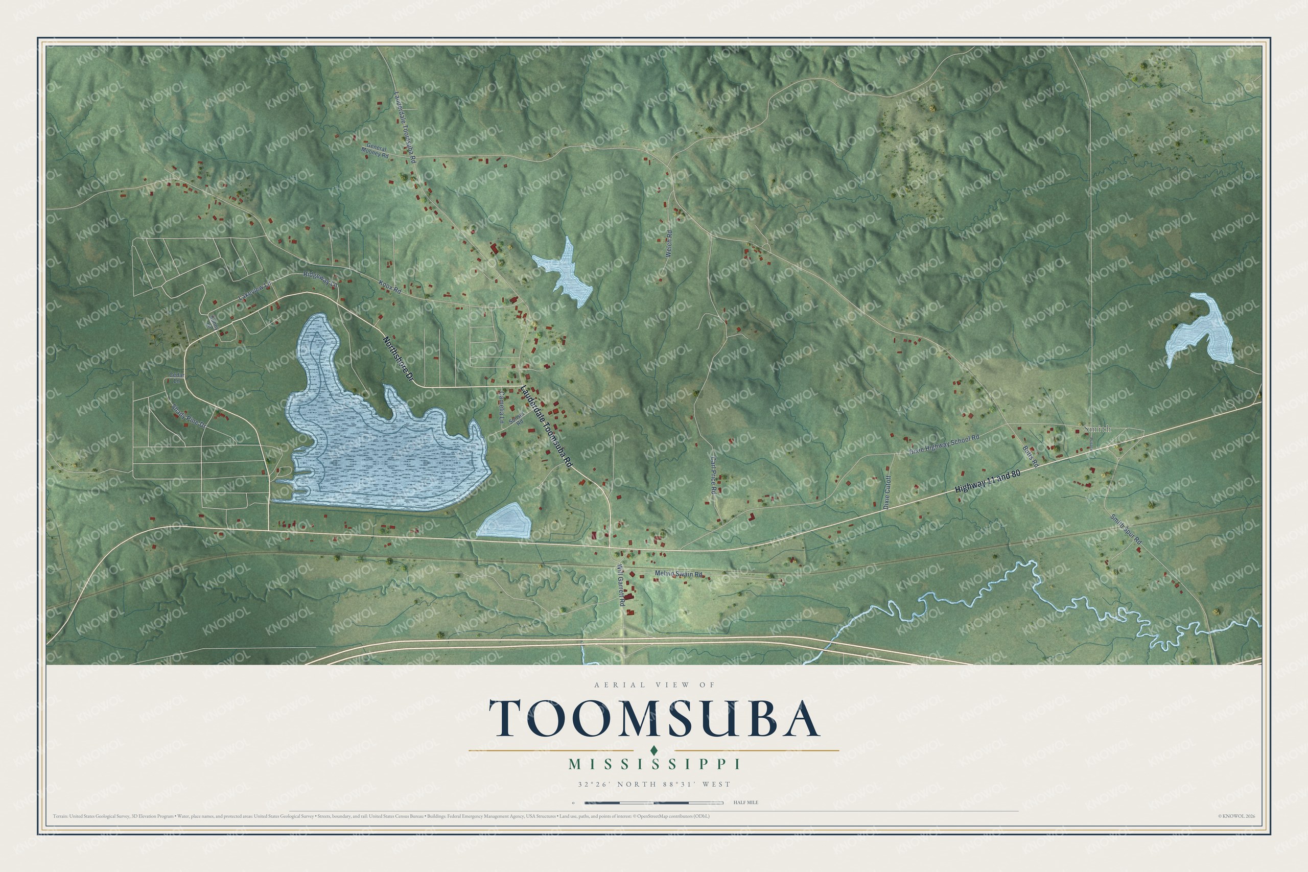 Full map of Toomsuba, Mississippi, with red buildings, printed street names and the land around them
