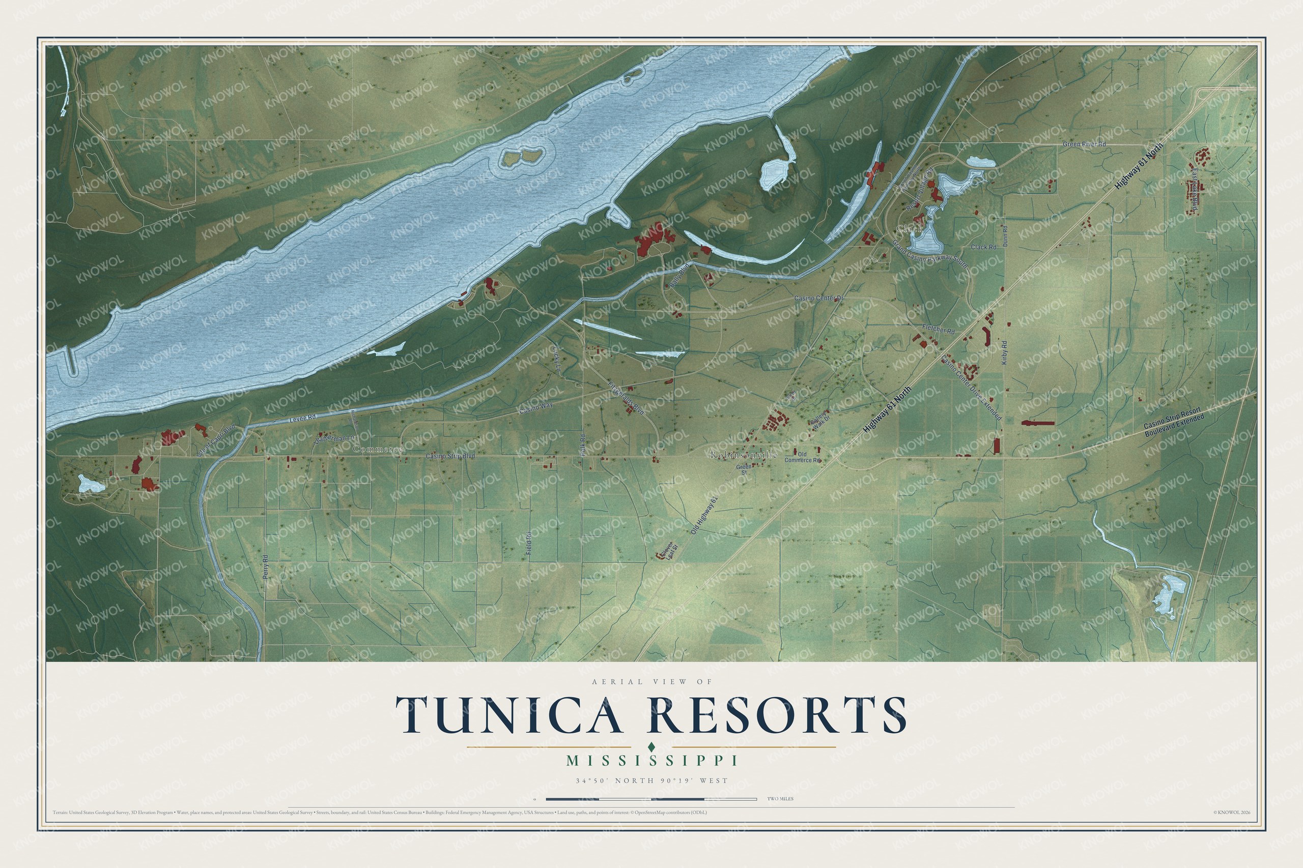 Full map of Tunica Resorts, Mississippi, with red buildings, printed street names and the land around them