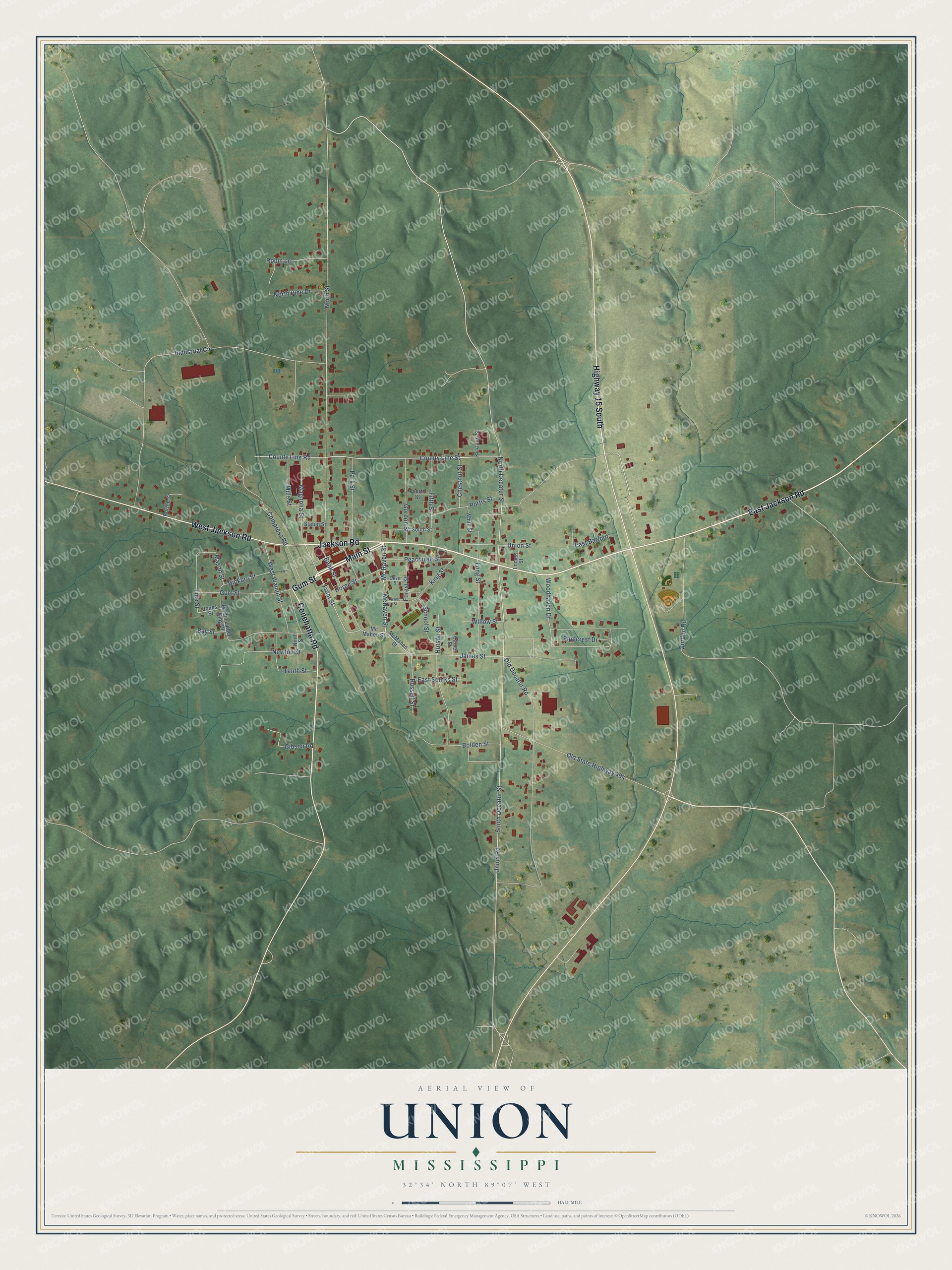 Full map of Union, Mississippi, with red buildings, printed street names and the land around them