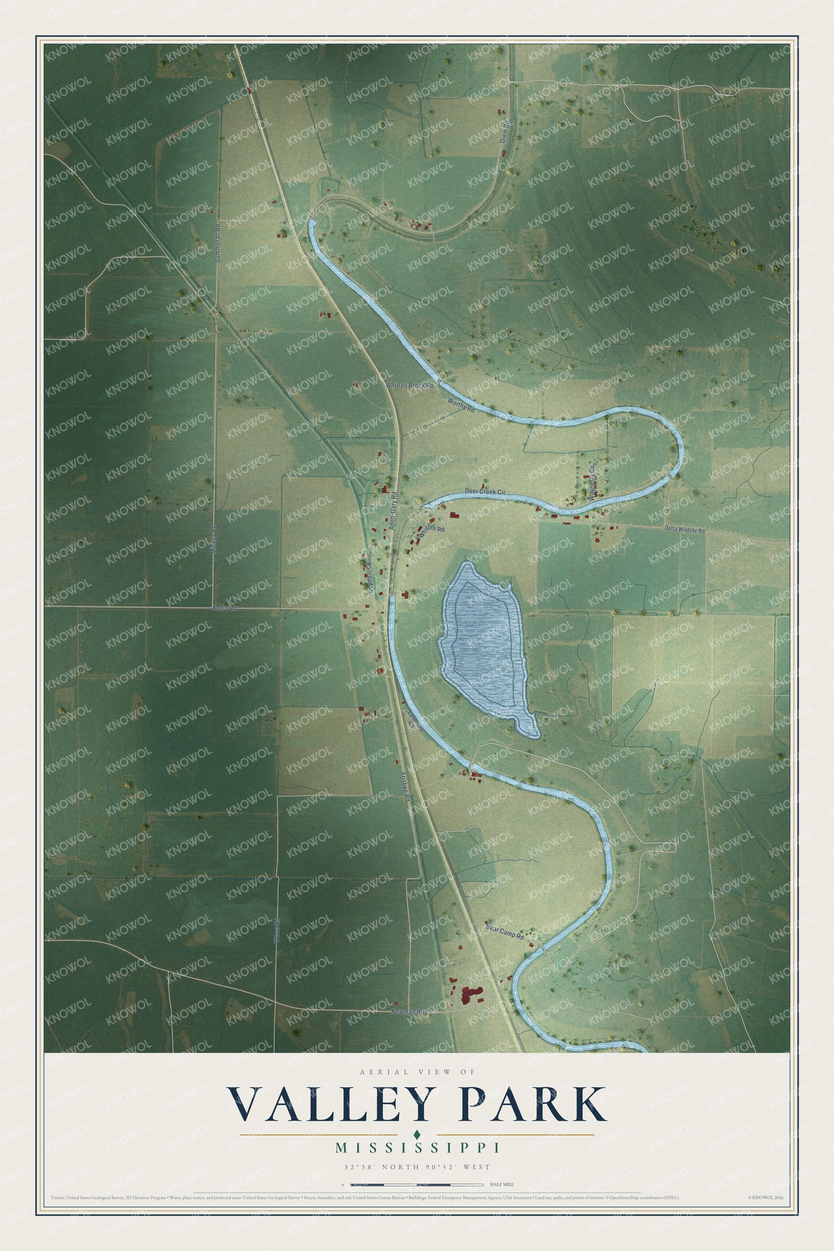 Full map of Valley Park, Mississippi, with red buildings, printed street names and the land around them