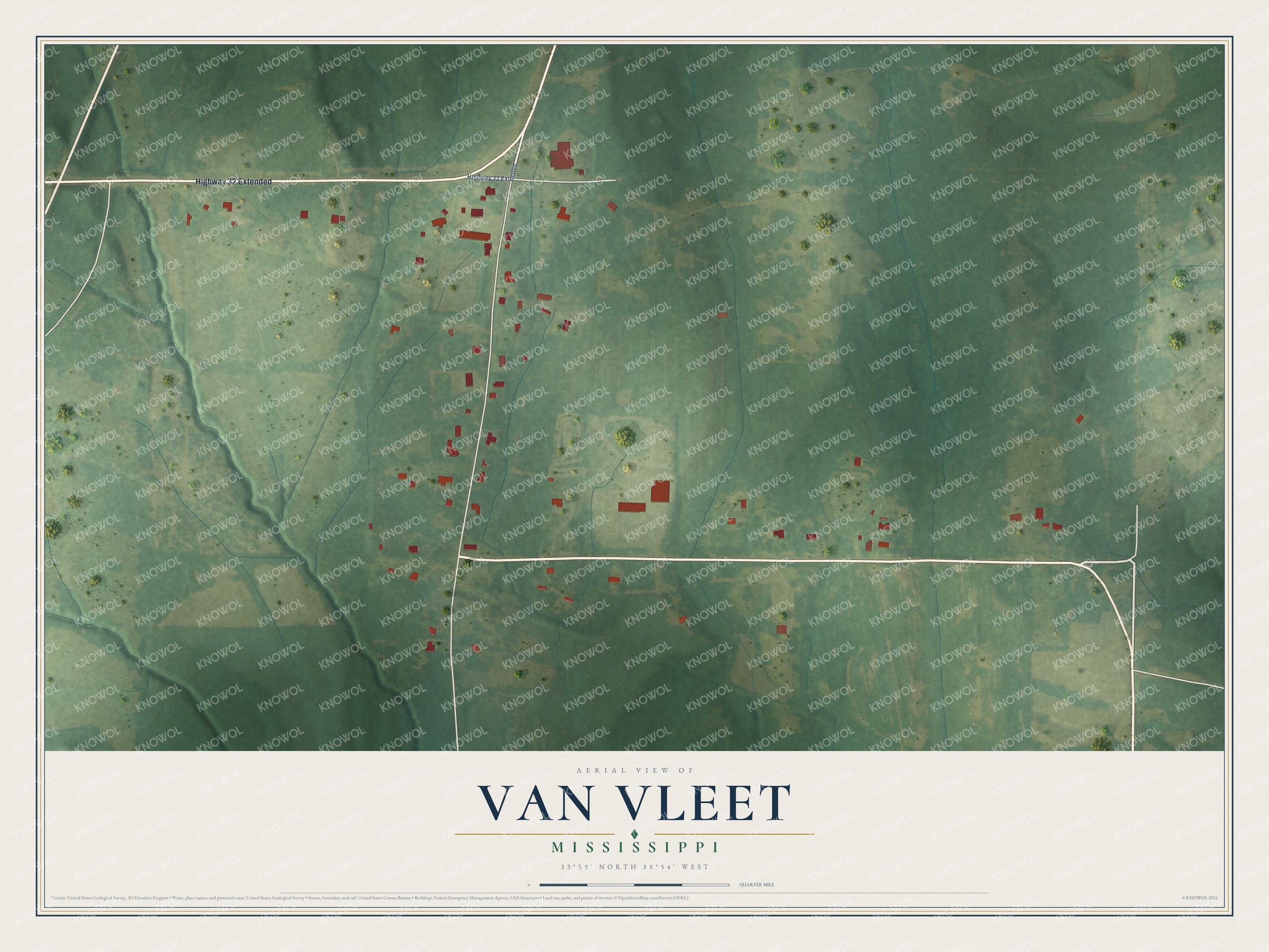 Full map of Van Vleet, Mississippi, with red buildings, printed street names and the land around them