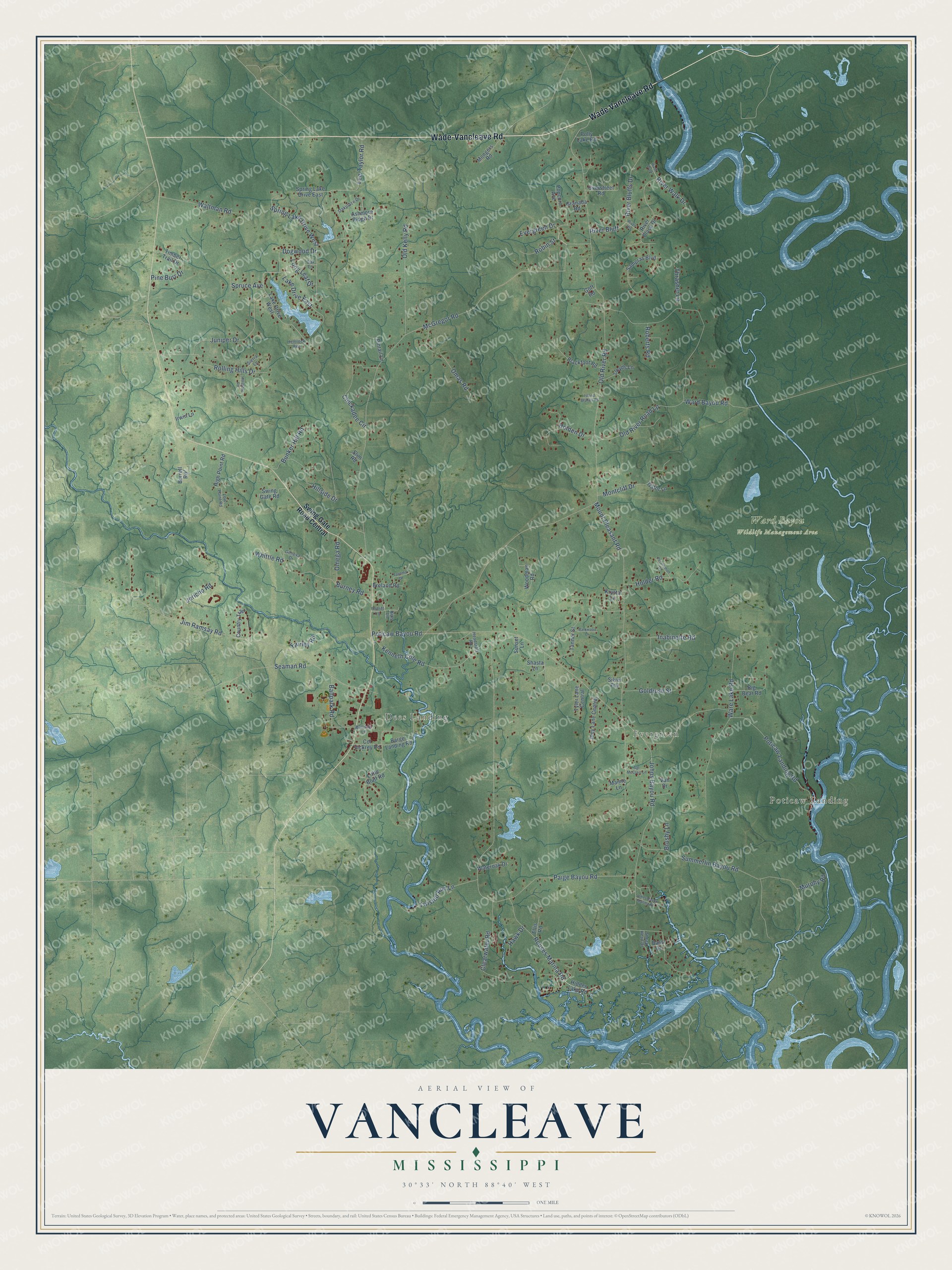 Full map of Vancleave, Mississippi, with red buildings, printed street names and the land around them