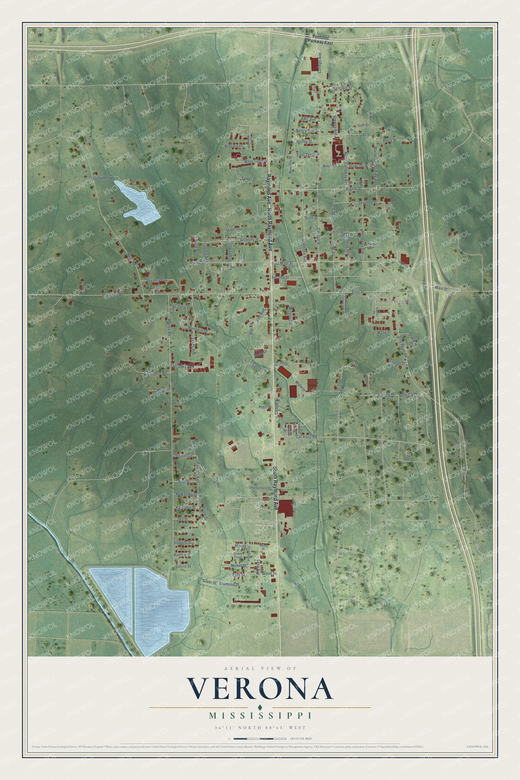 Full map of Verona, Mississippi, with red buildings, printed street names and the land around them