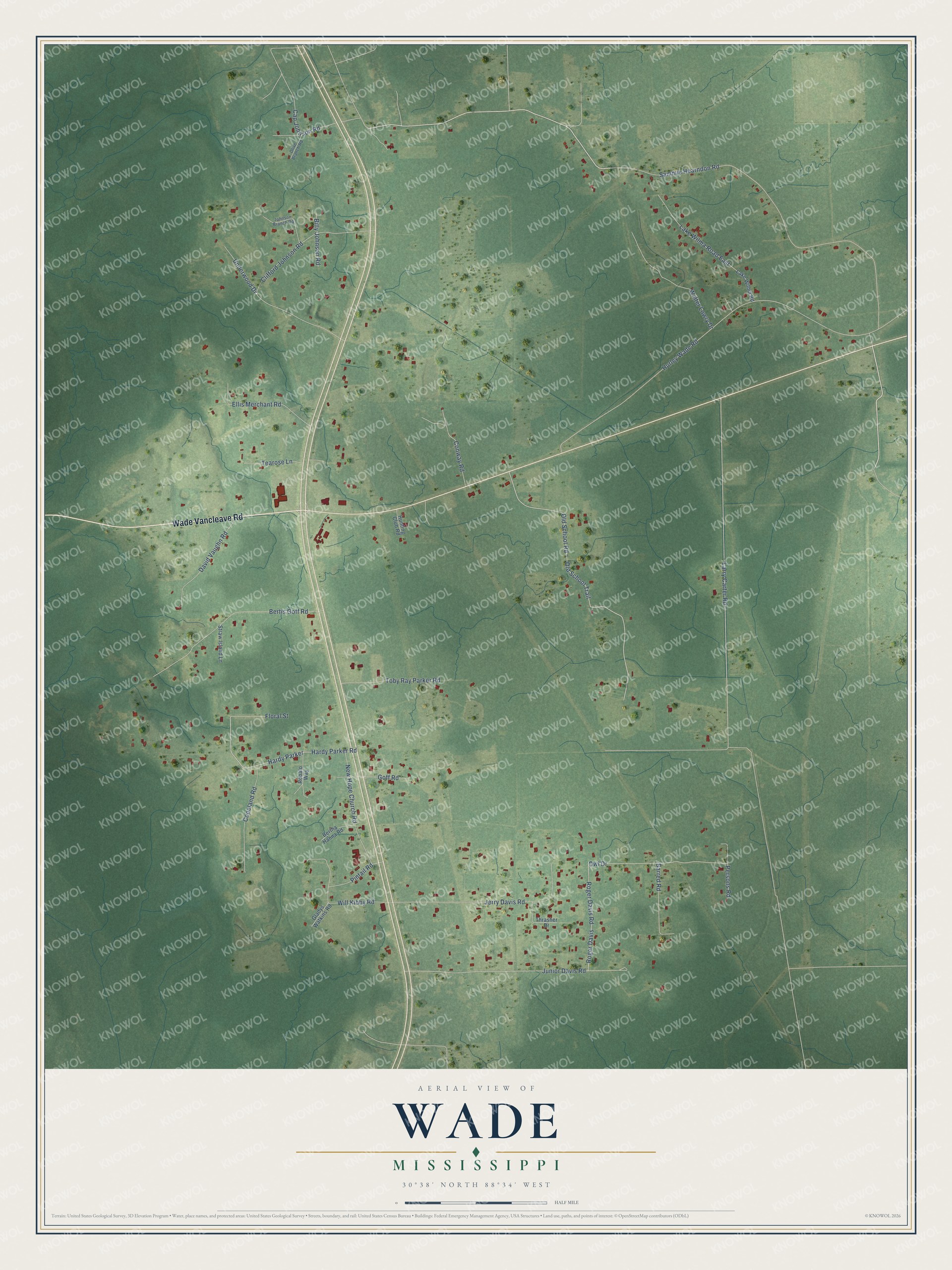 Full map of Wade, Mississippi, with red buildings, printed street names and the land around them