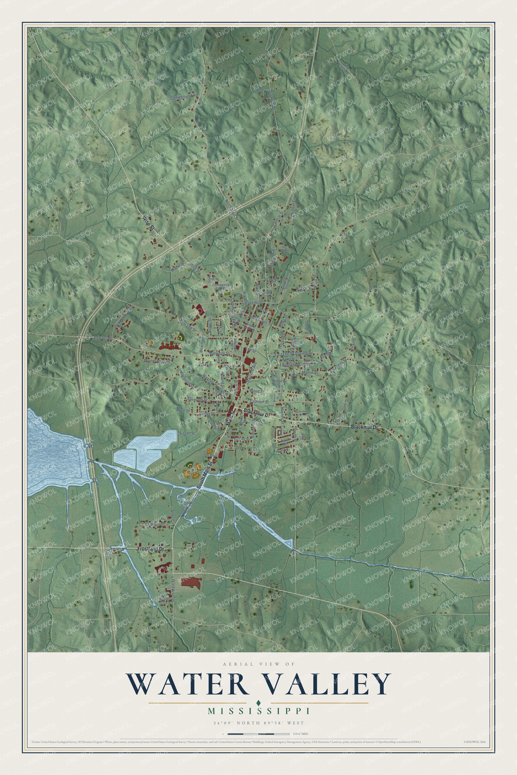 Full map of Water Valley, Mississippi, with red buildings, printed street names and the land around them