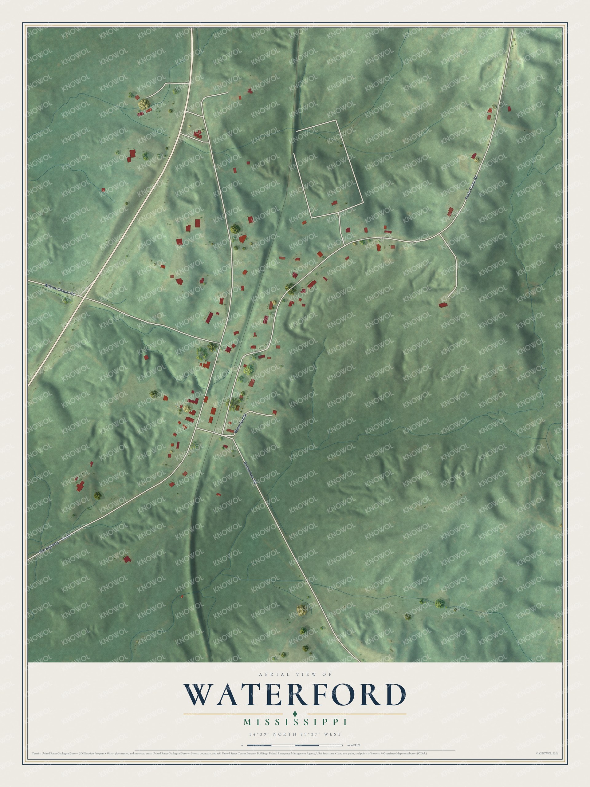 Full map of Waterford, Mississippi, with red buildings, printed street names and the land around them