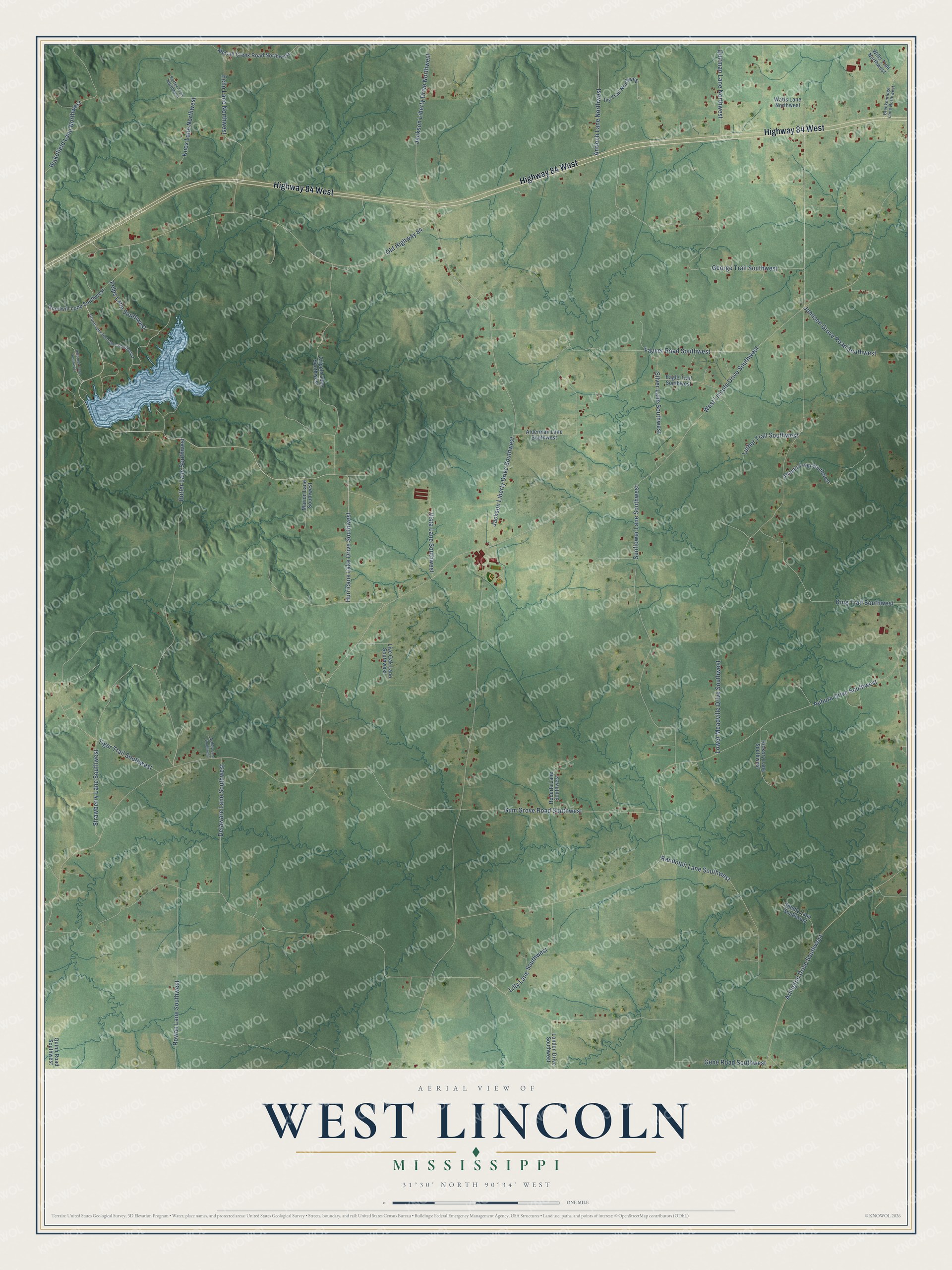 Full map of West Lincoln, Mississippi, with red buildings, printed street names and the land around them