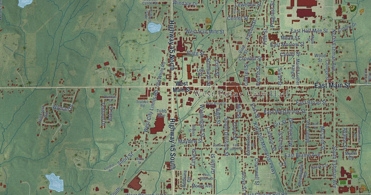 Map of West Point, Mississippi in 2026
