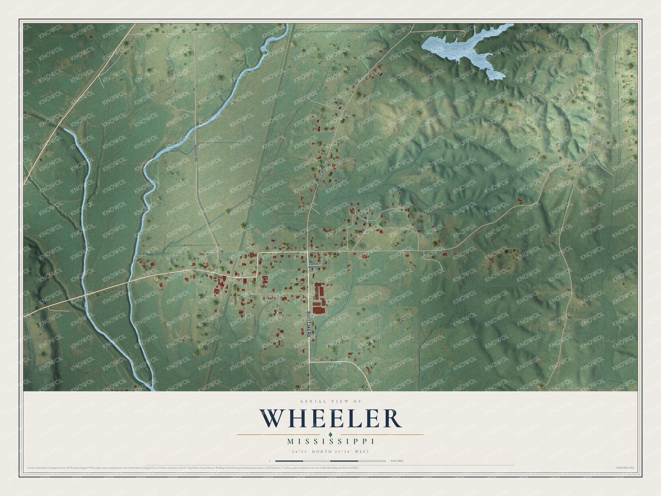 Full map of Wheeler, Mississippi, with red buildings, printed street names and the land around them
