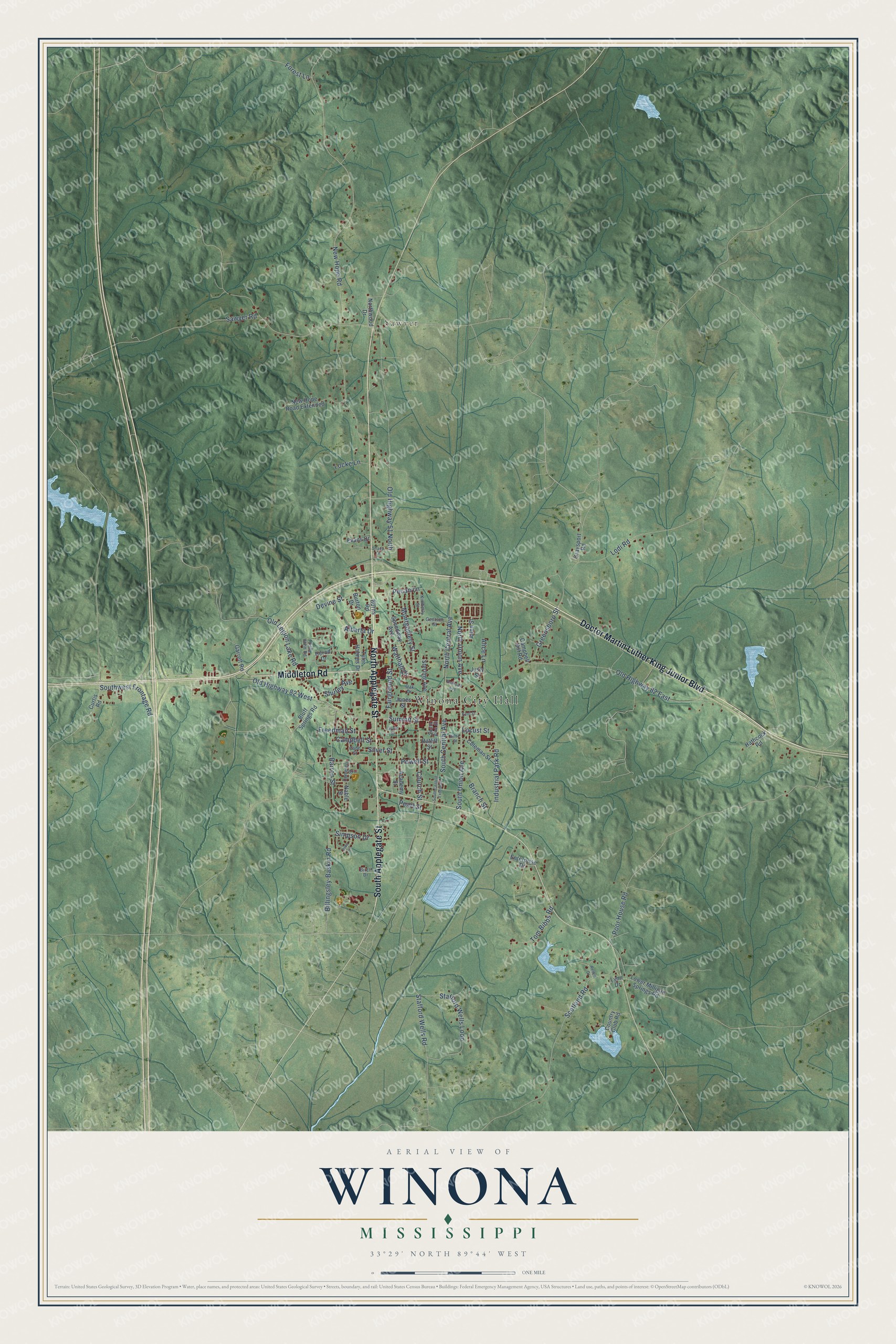 Full map of Winona, Mississippi, with red buildings, printed street names and the land around them