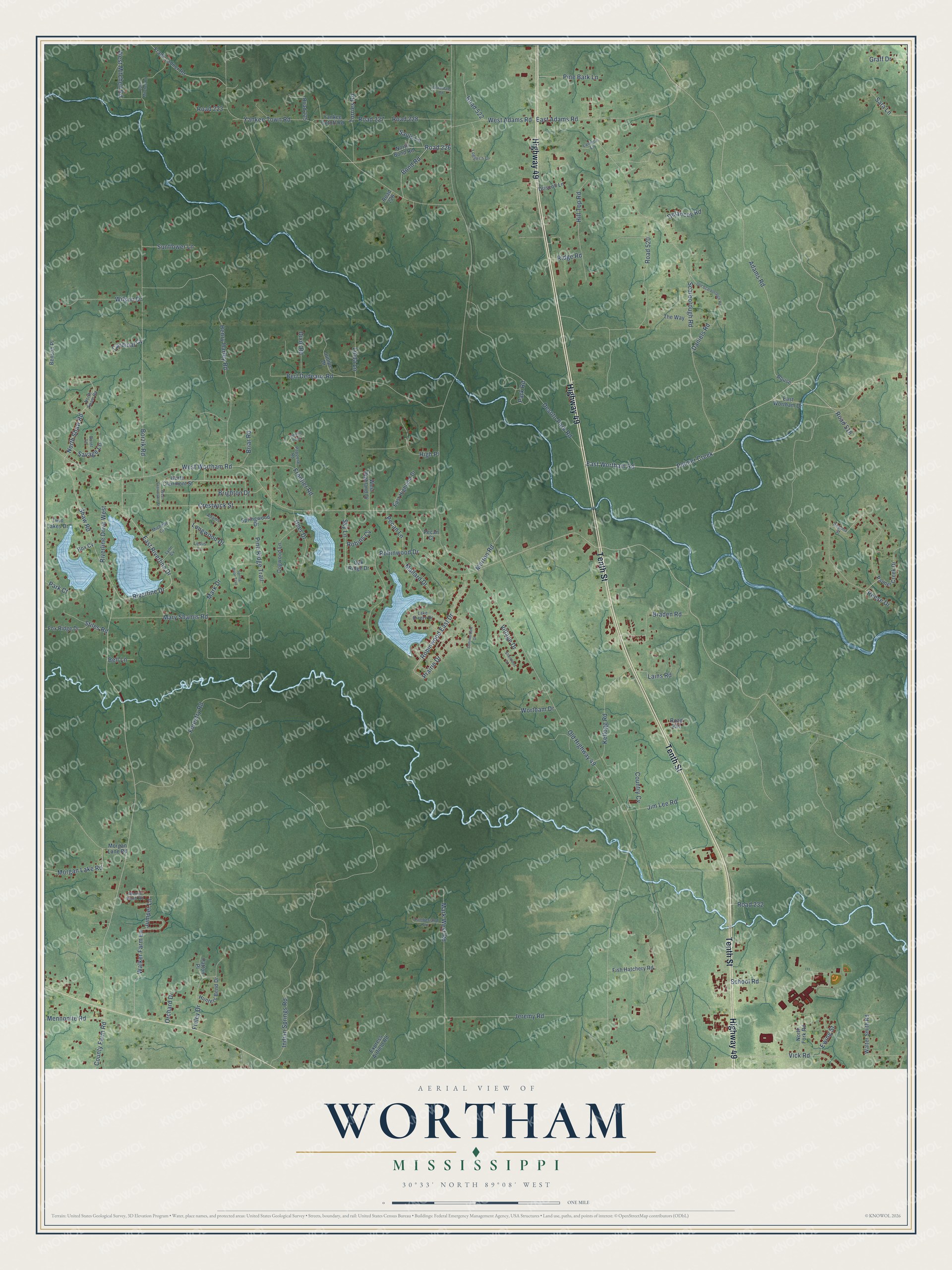 Full map of Wortham, Mississippi, with red buildings, printed street names and the land around them