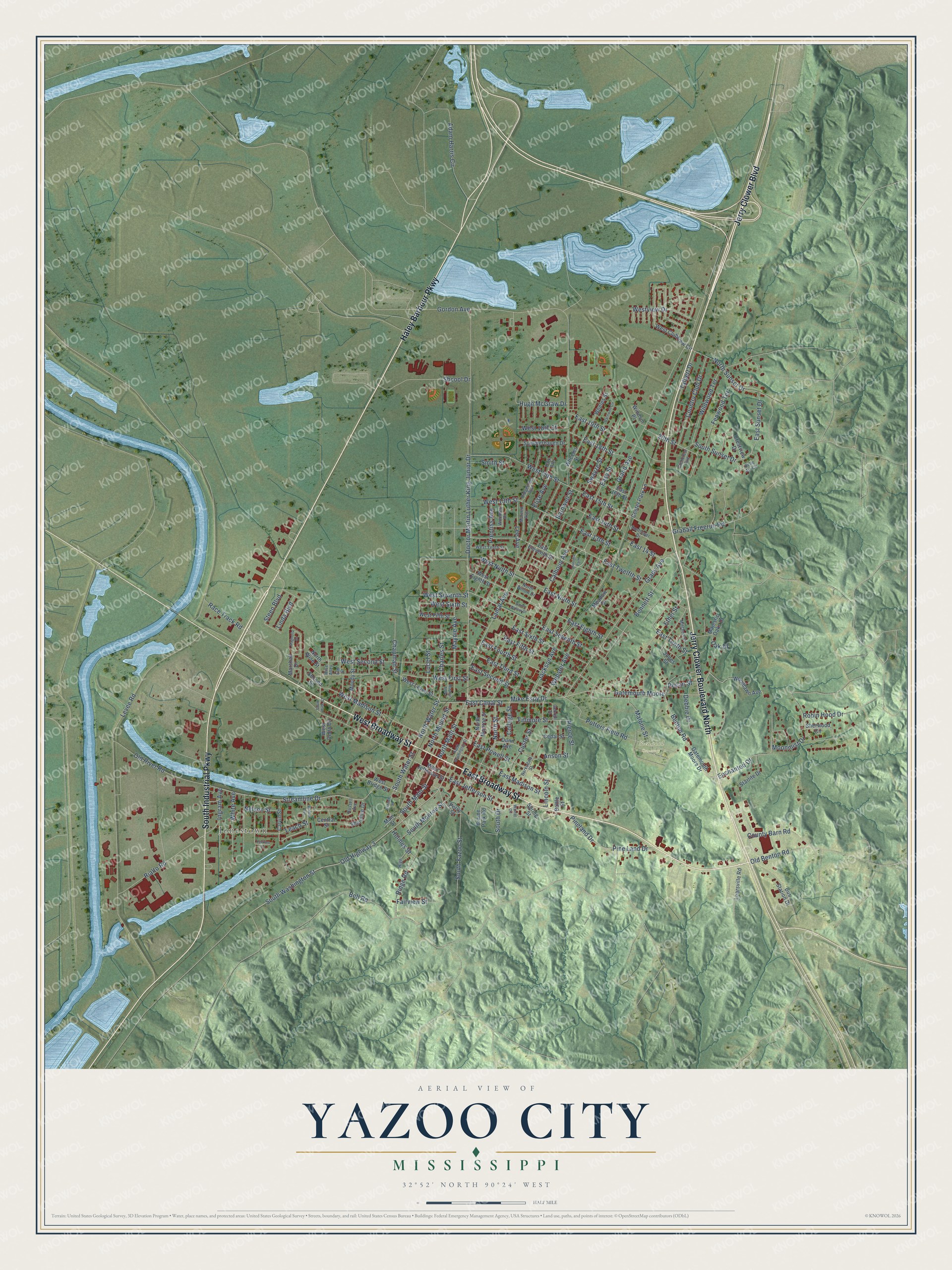 Full map of Yazoo City, Mississippi, with red buildings, printed street names and the land around them