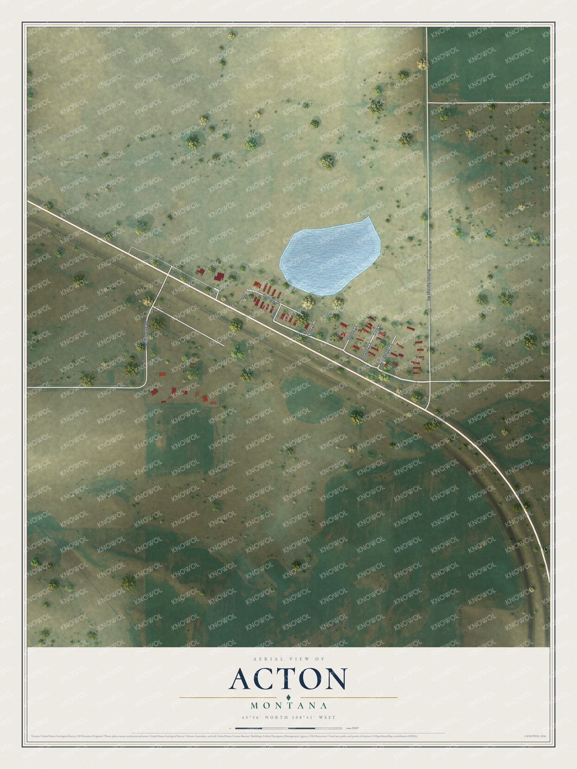 Full map of Acton, Montana, with red buildings, printed street names and the land around them