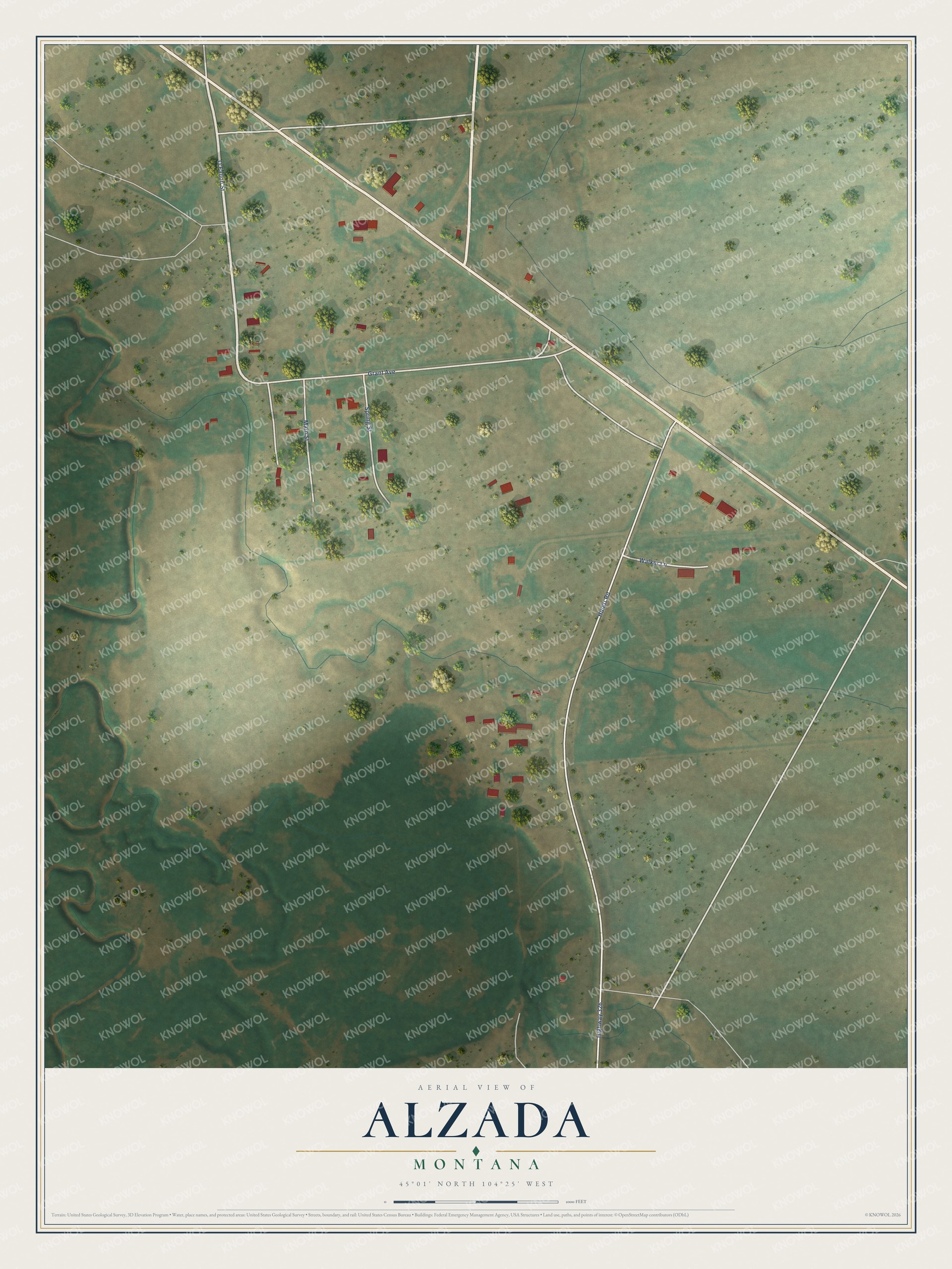 Full map of Alzada, Montana, with red buildings, printed street names and the land around them