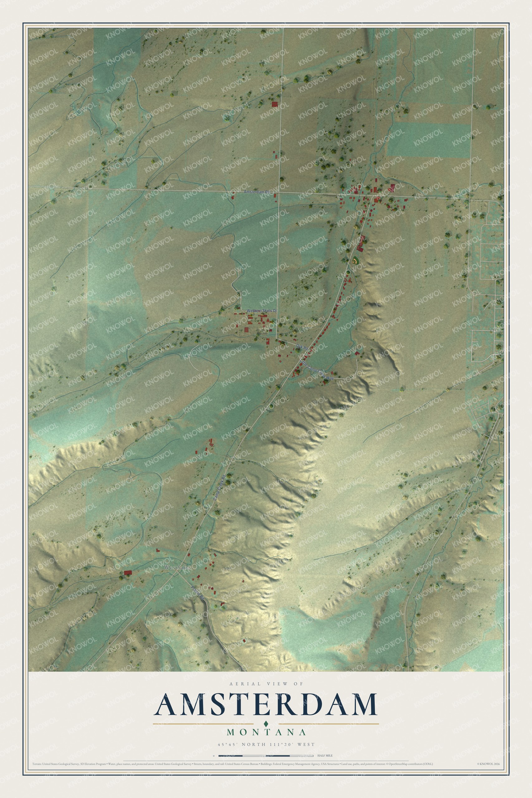 Full map of Amsterdam, Montana, with red buildings, printed street names and the land around them