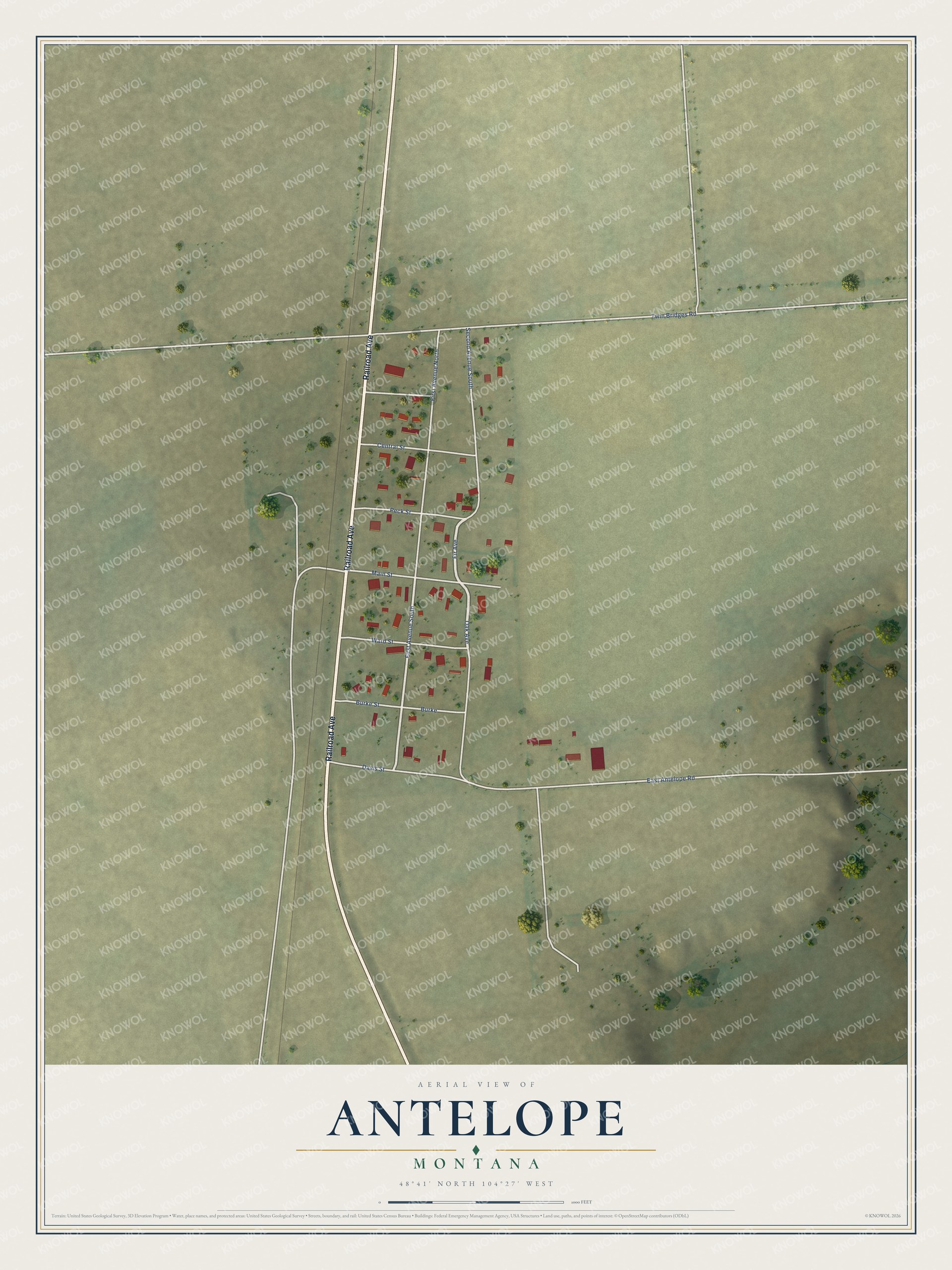 Full map of Antelope, Montana, with red buildings, printed street names and the land around them