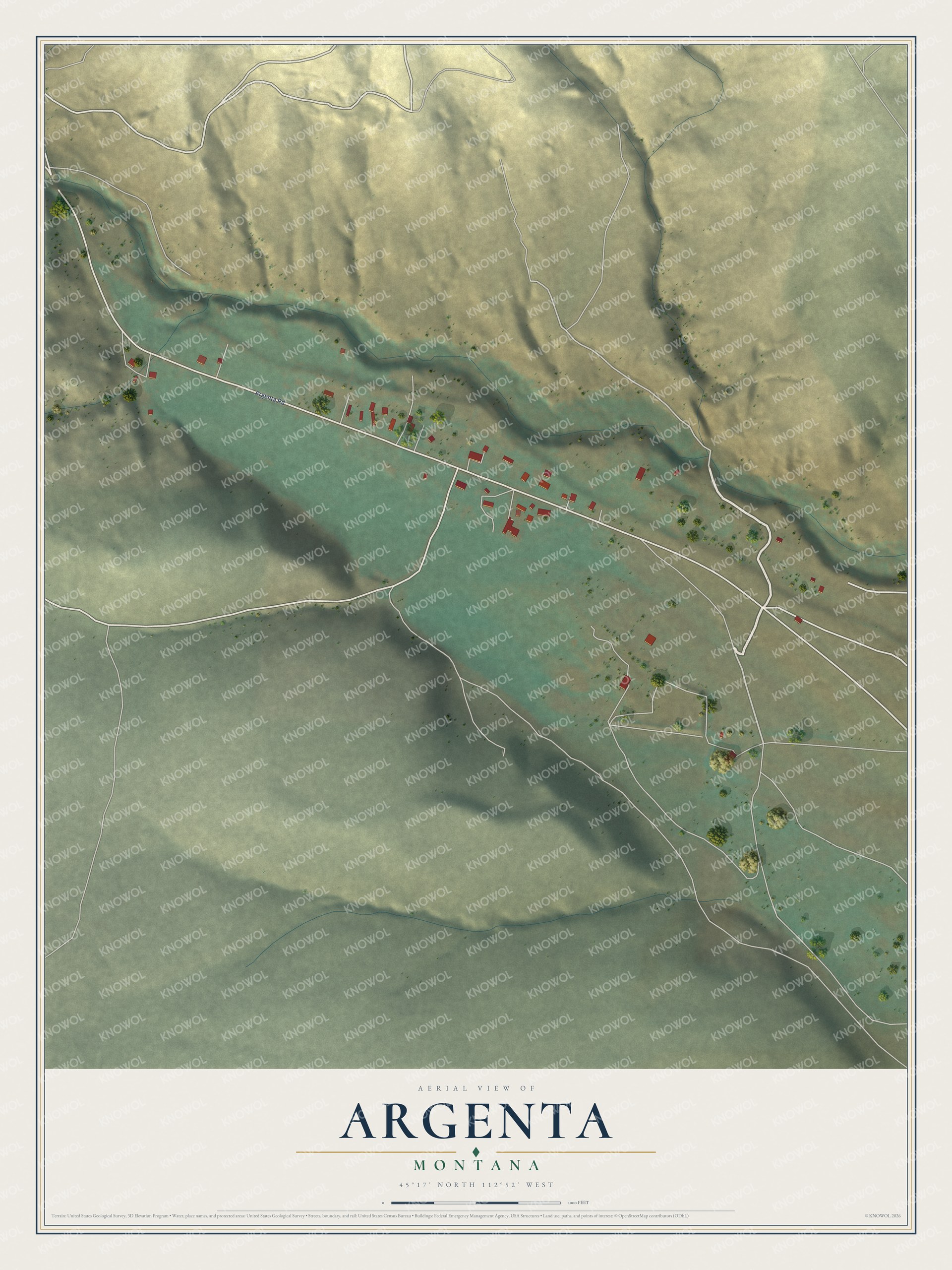 Full map of Argenta, Montana, with red buildings, printed street names and the land around them