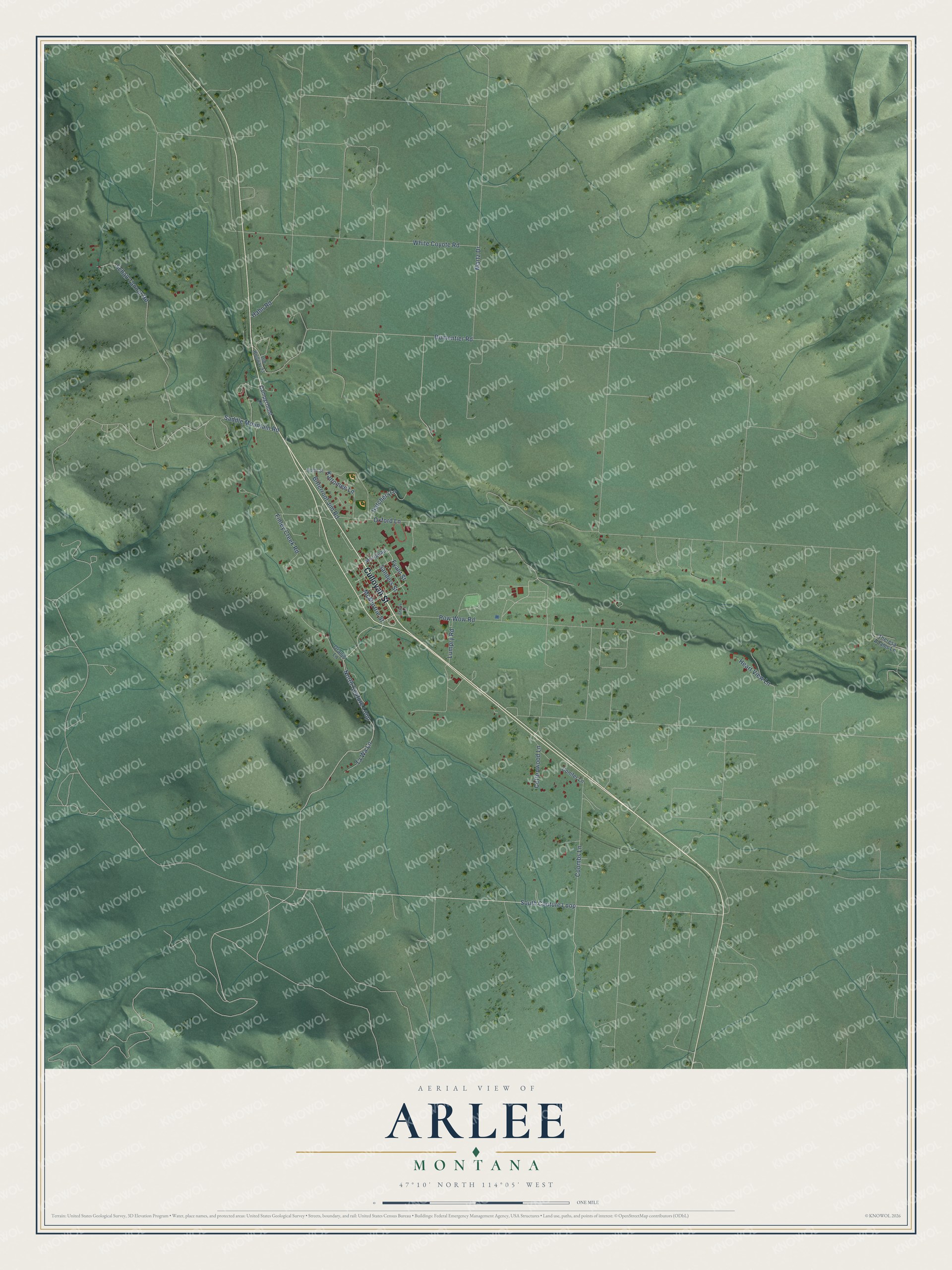 Full map of Arlee, Montana, with red buildings, printed street names and the land around them
