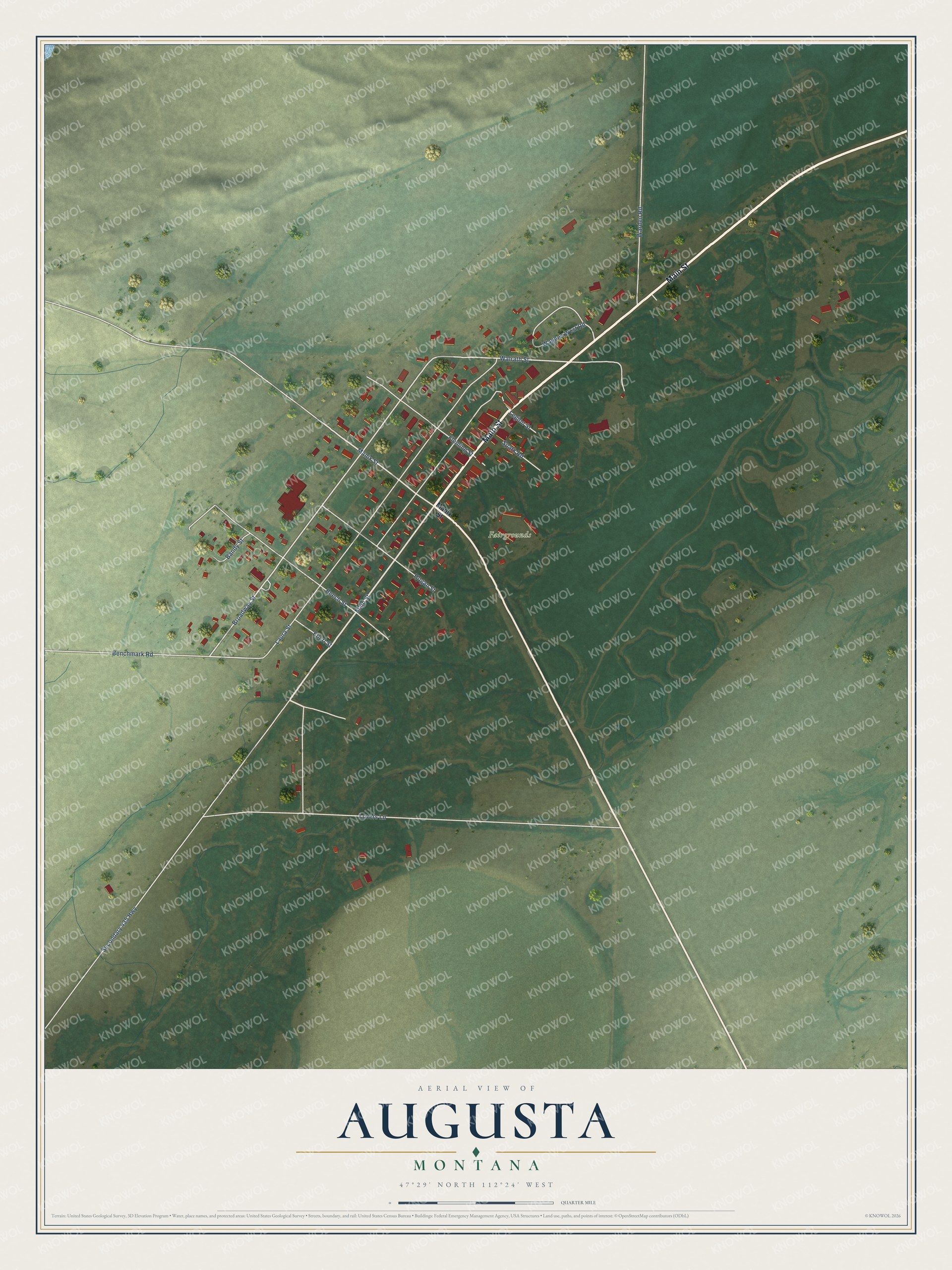Full map of Augusta, Montana, with red buildings, printed street names and the land around them