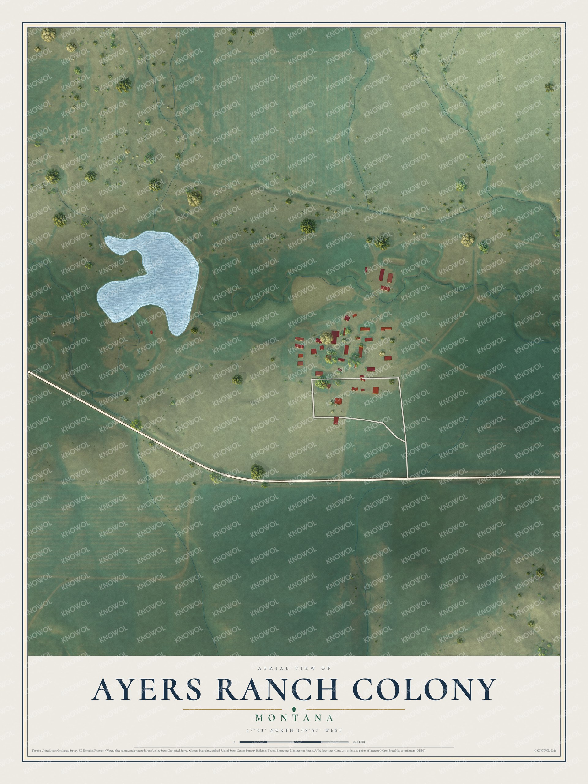 Full map of Ayers Ranch Colony, Montana, with red buildings, printed street names and the land around them