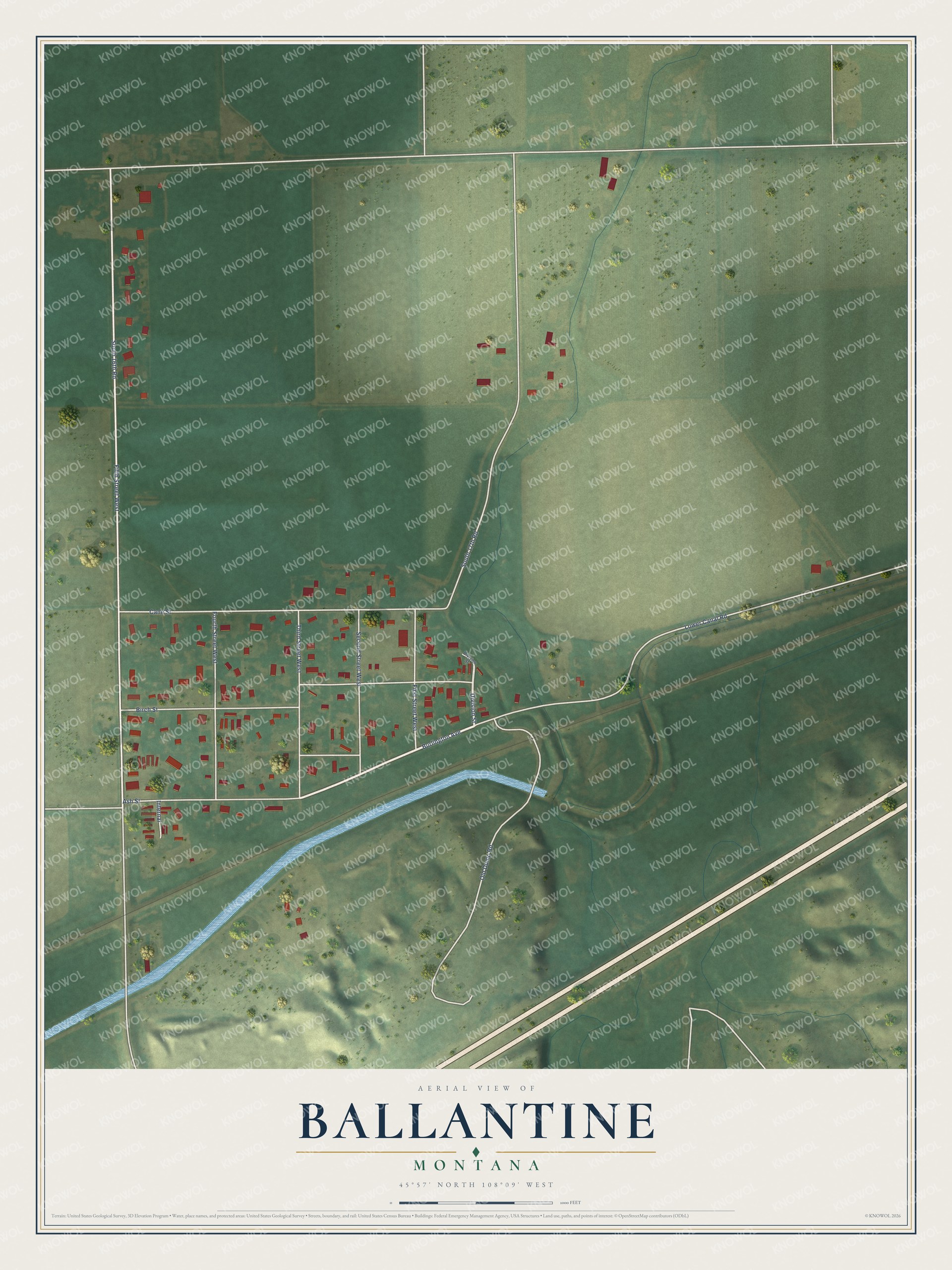 Full map of Ballantine, Montana, with red buildings, printed street names and the land around them