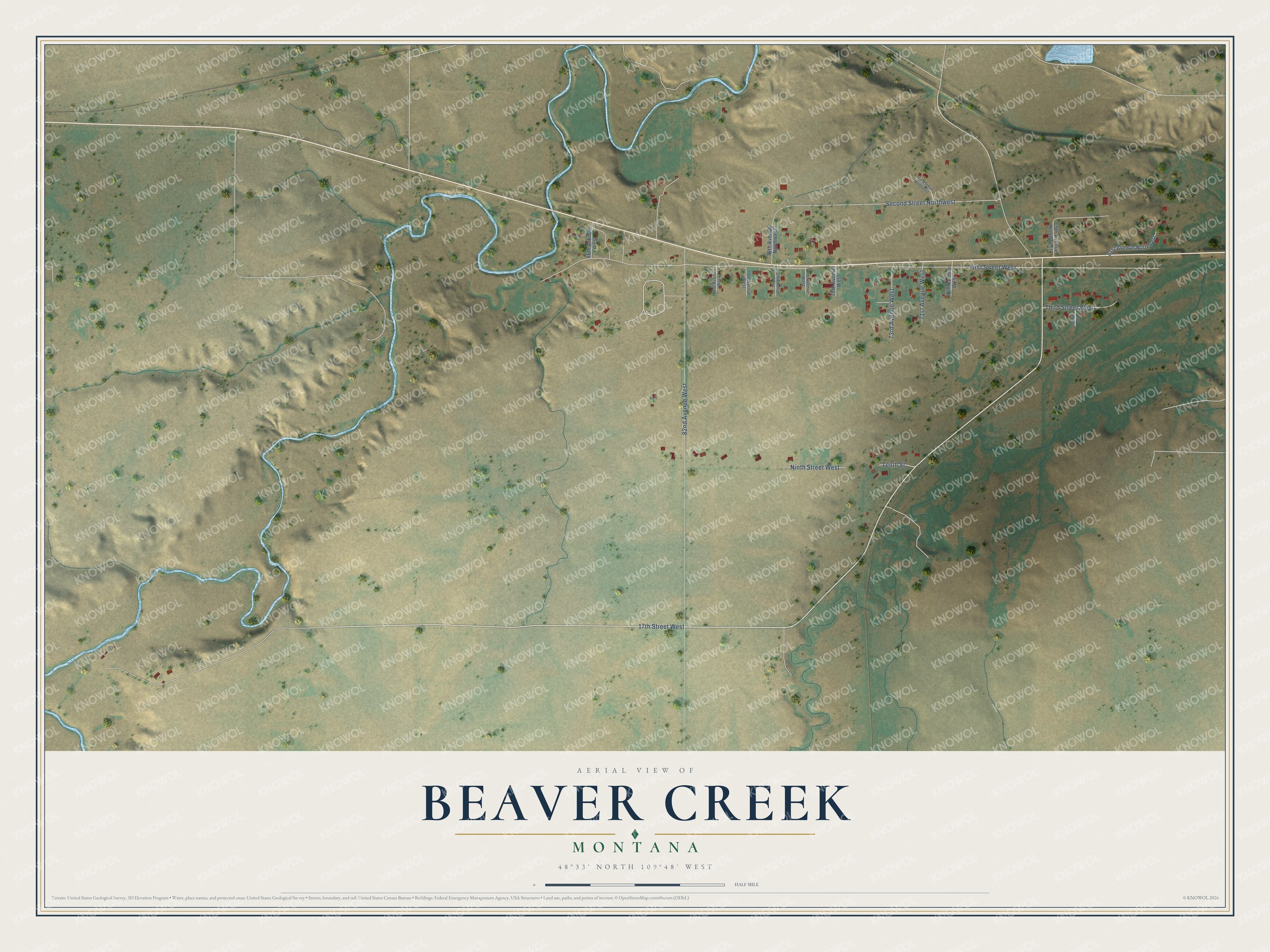 Full map of Beaver Creek, Montana, with red buildings, printed street names and the land around them