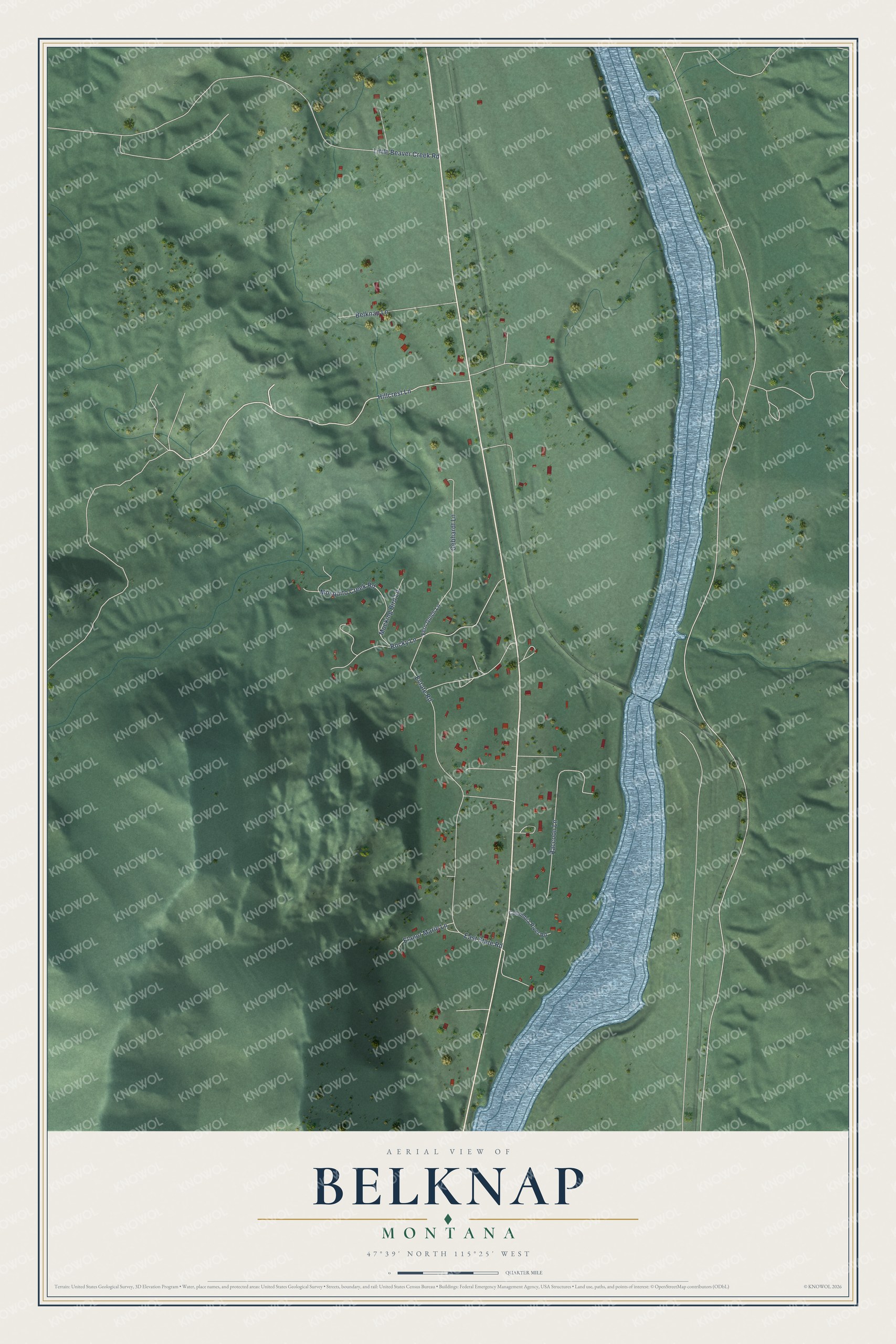 Full map of Belknap, Montana, with red buildings, printed street names and the land around them
