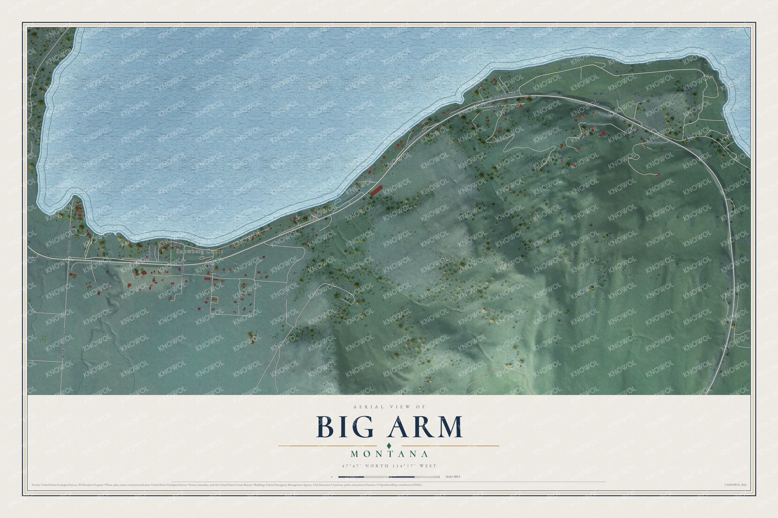 Full map of Big Arm, Montana, with red buildings, printed street names and the land around them