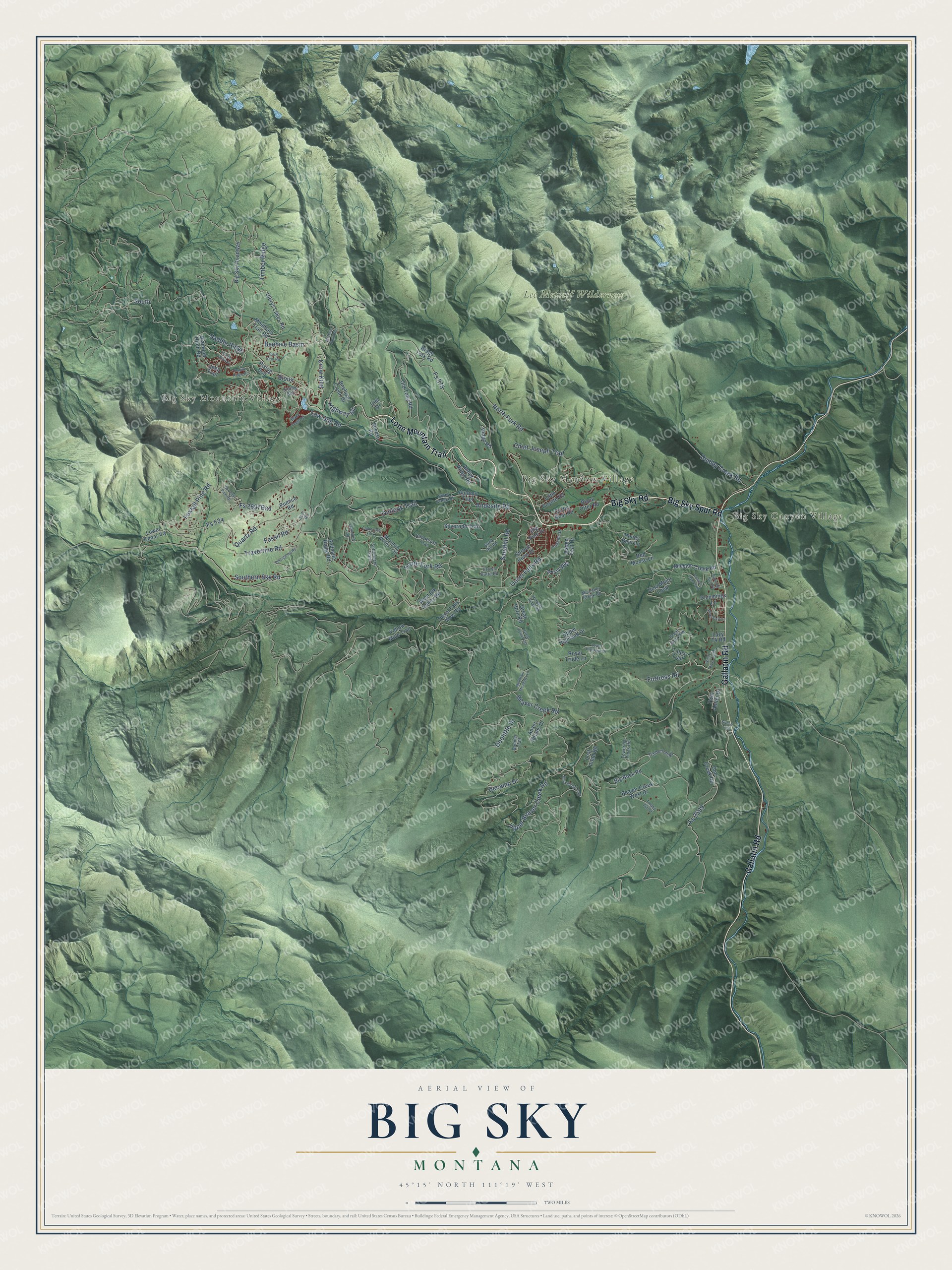 Full map of Big Sky, Montana, with red buildings, printed street names and the land around them