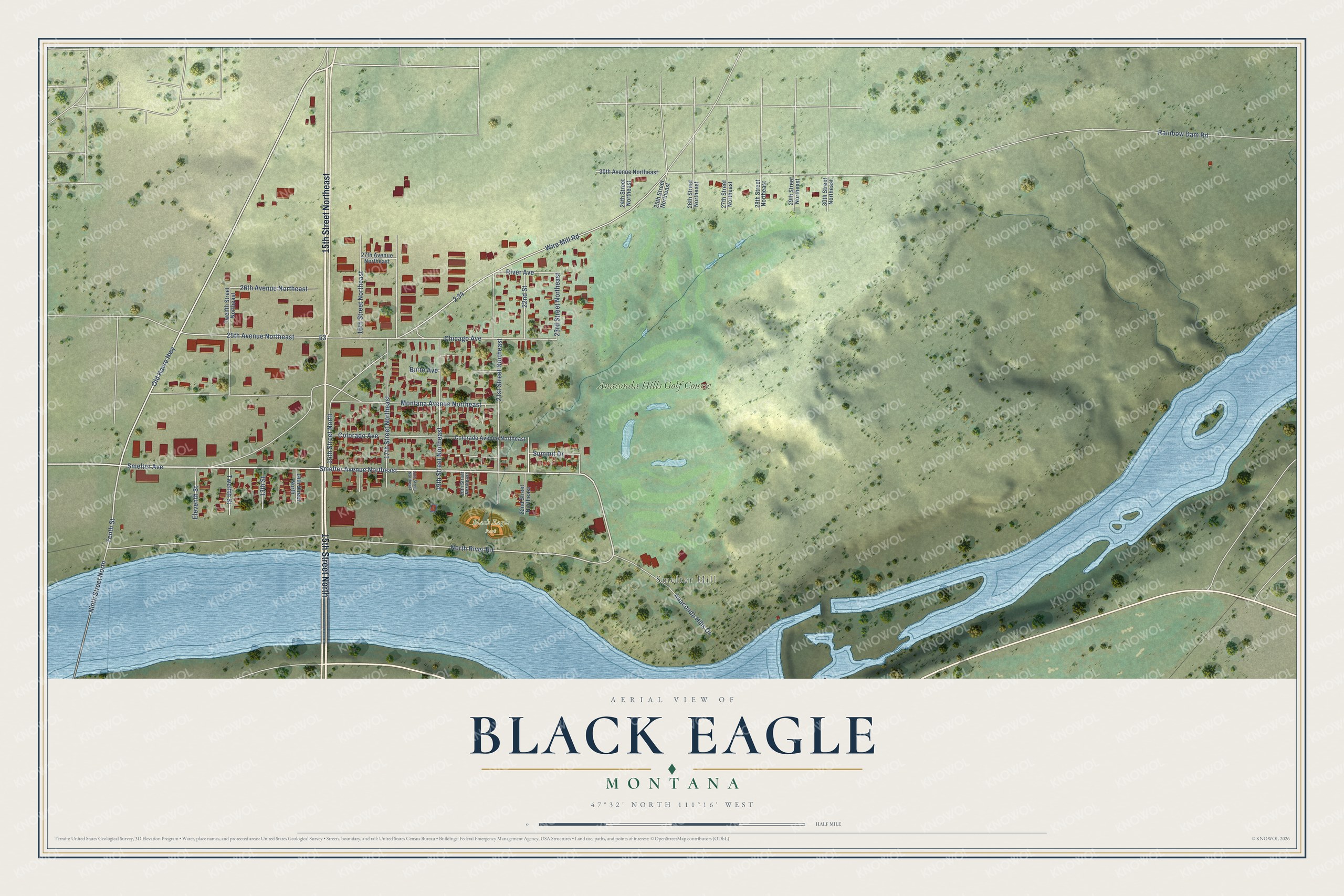 Full map of Black Eagle, Montana, with red buildings, printed street names and the land around them