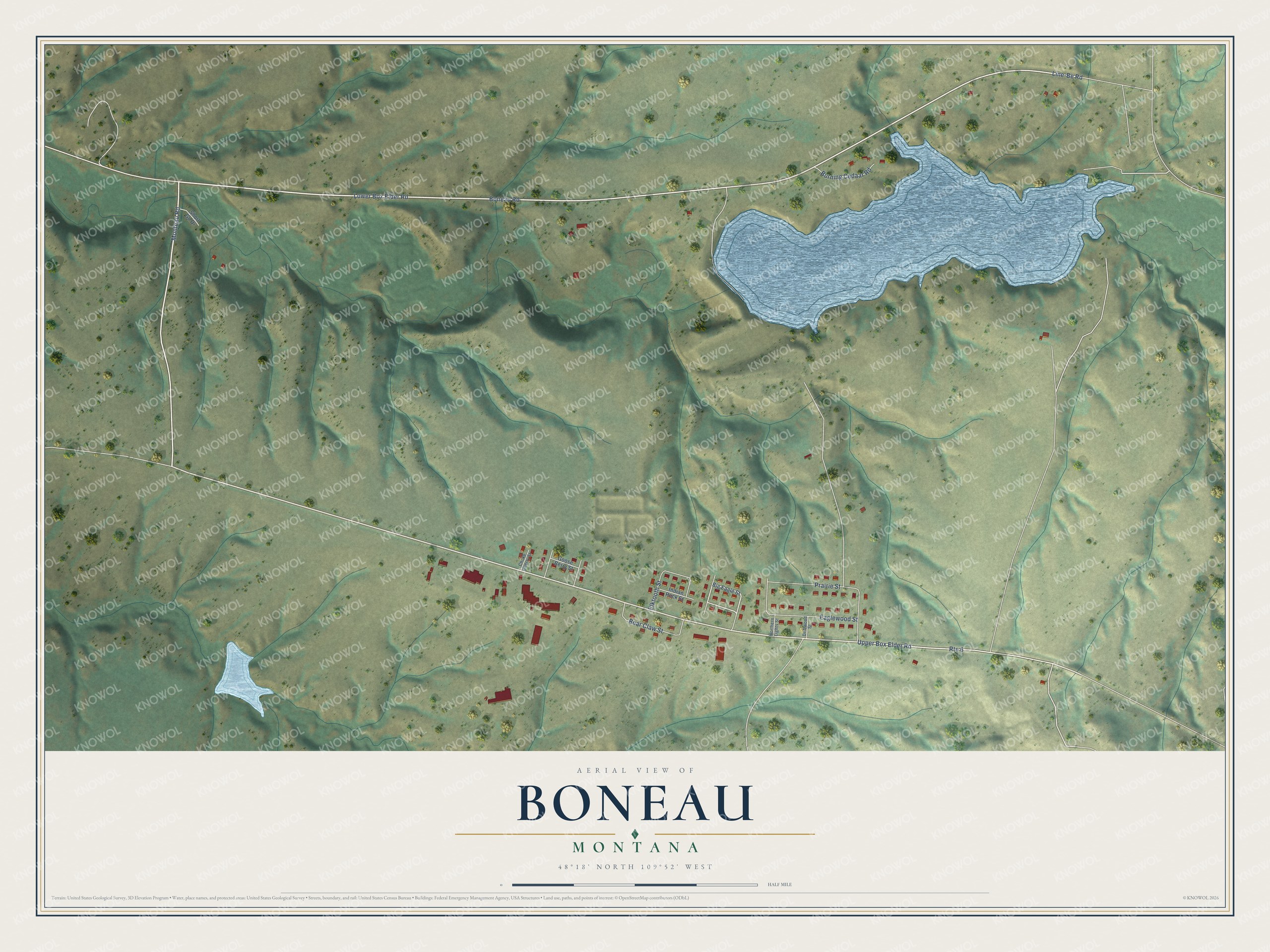 Full map of Boneau, Montana, with red buildings, printed street names and the land around them
