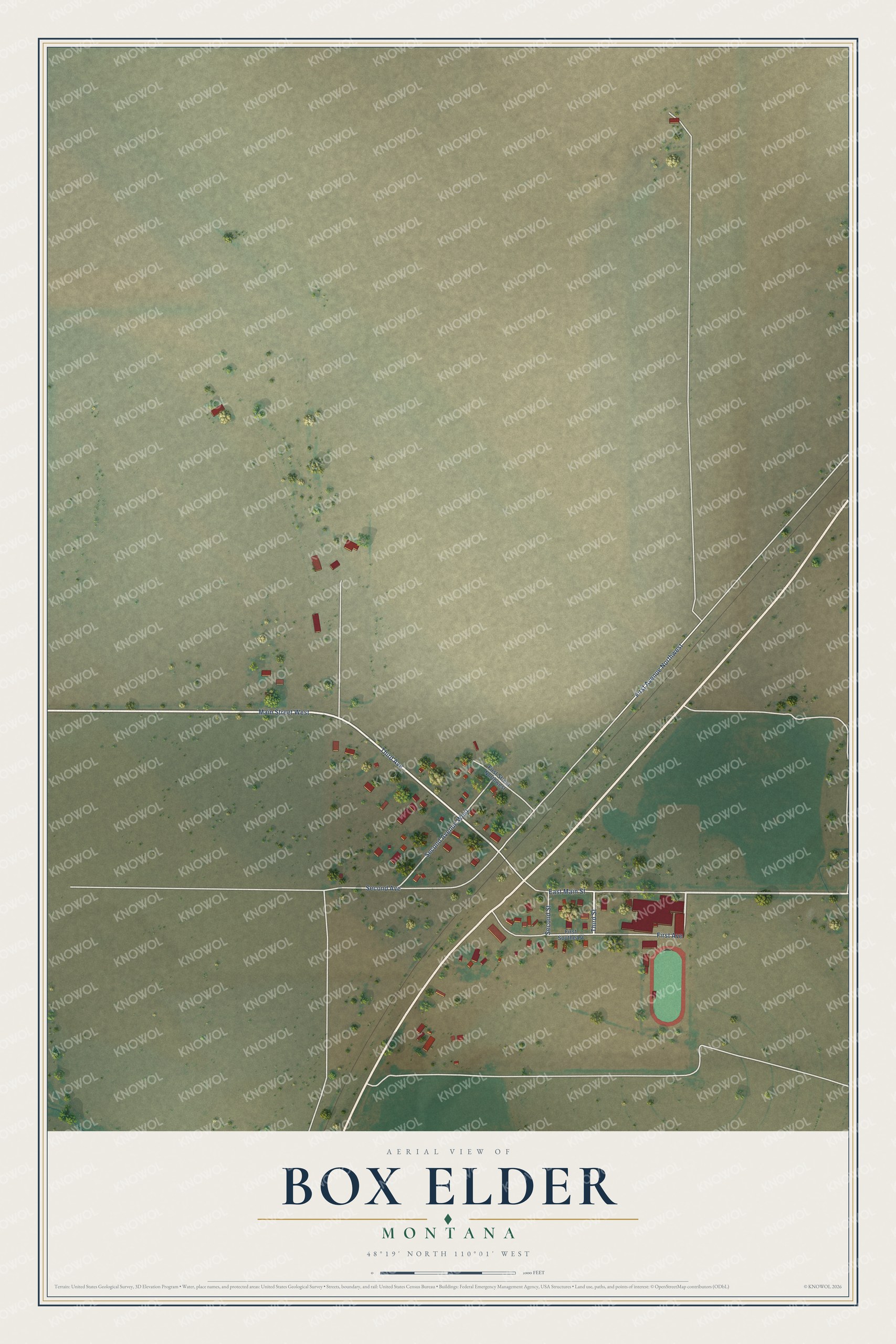 Full map of Box Elder, Montana, with red buildings, printed street names and the land around them