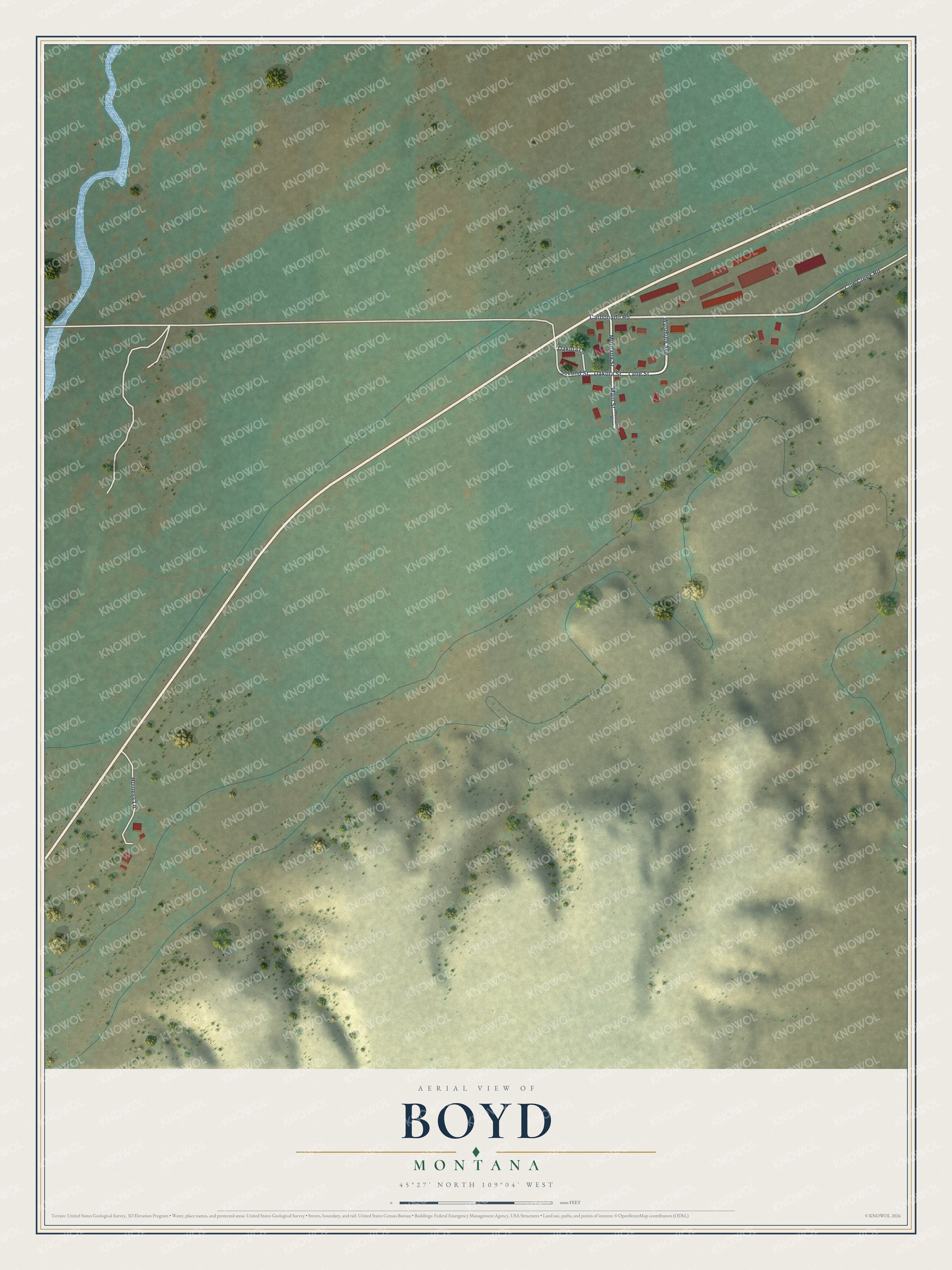 Full map of Boyd, Montana, with red buildings, printed street names and the land around them