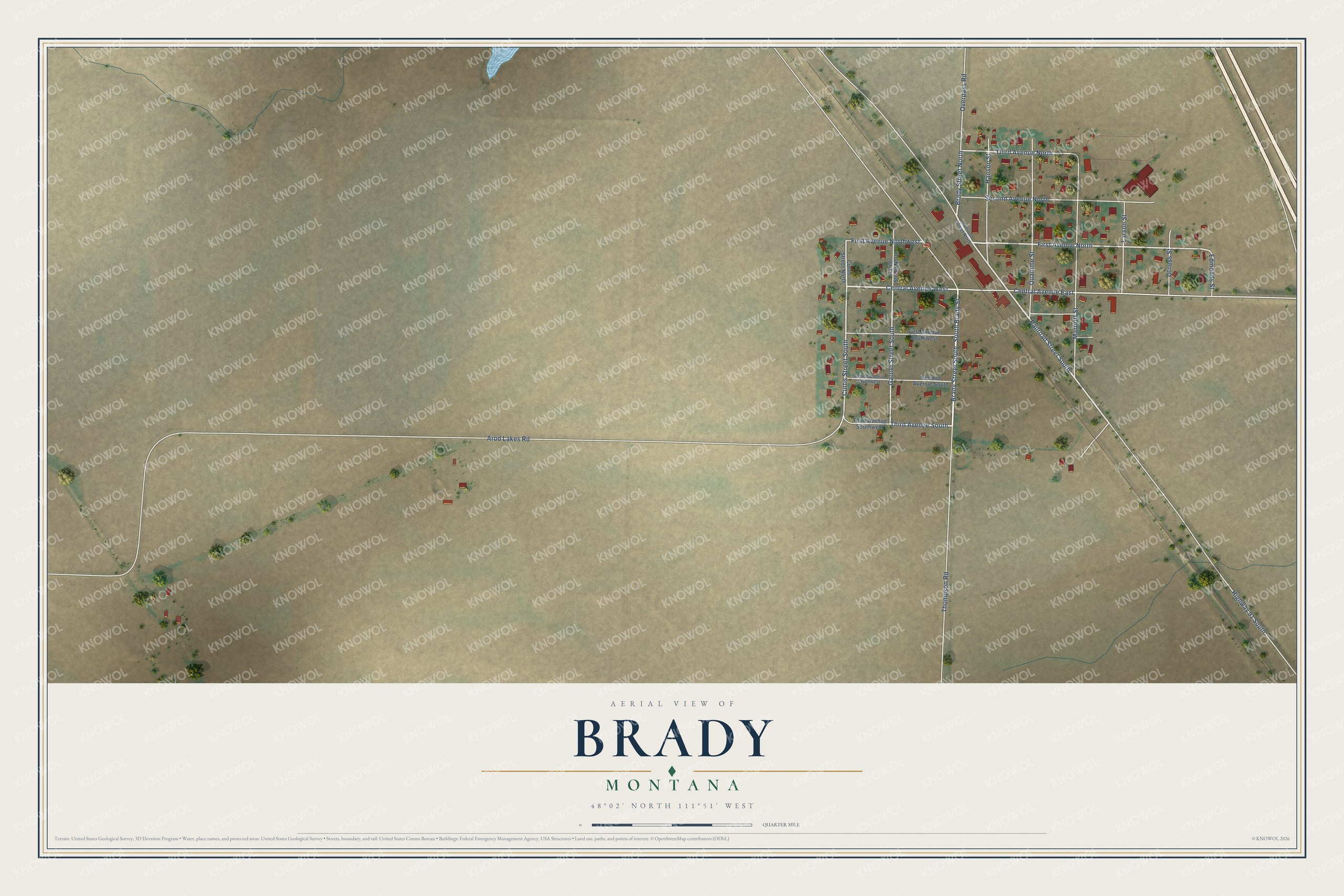 Full map of Brady, Montana, with red buildings, printed street names and the land around them
