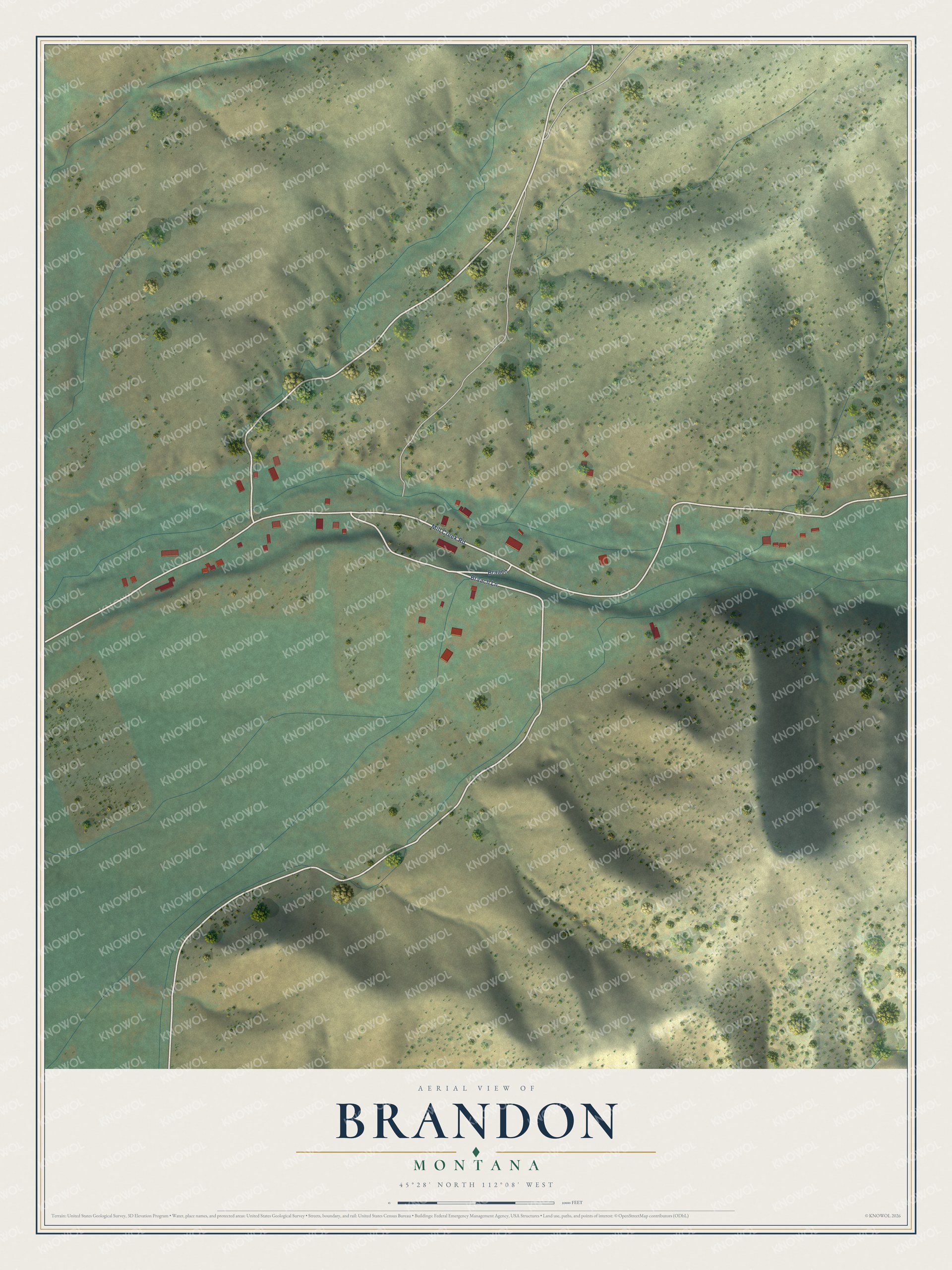 Full map of Brandon, Montana, with red buildings, printed street names and the land around them