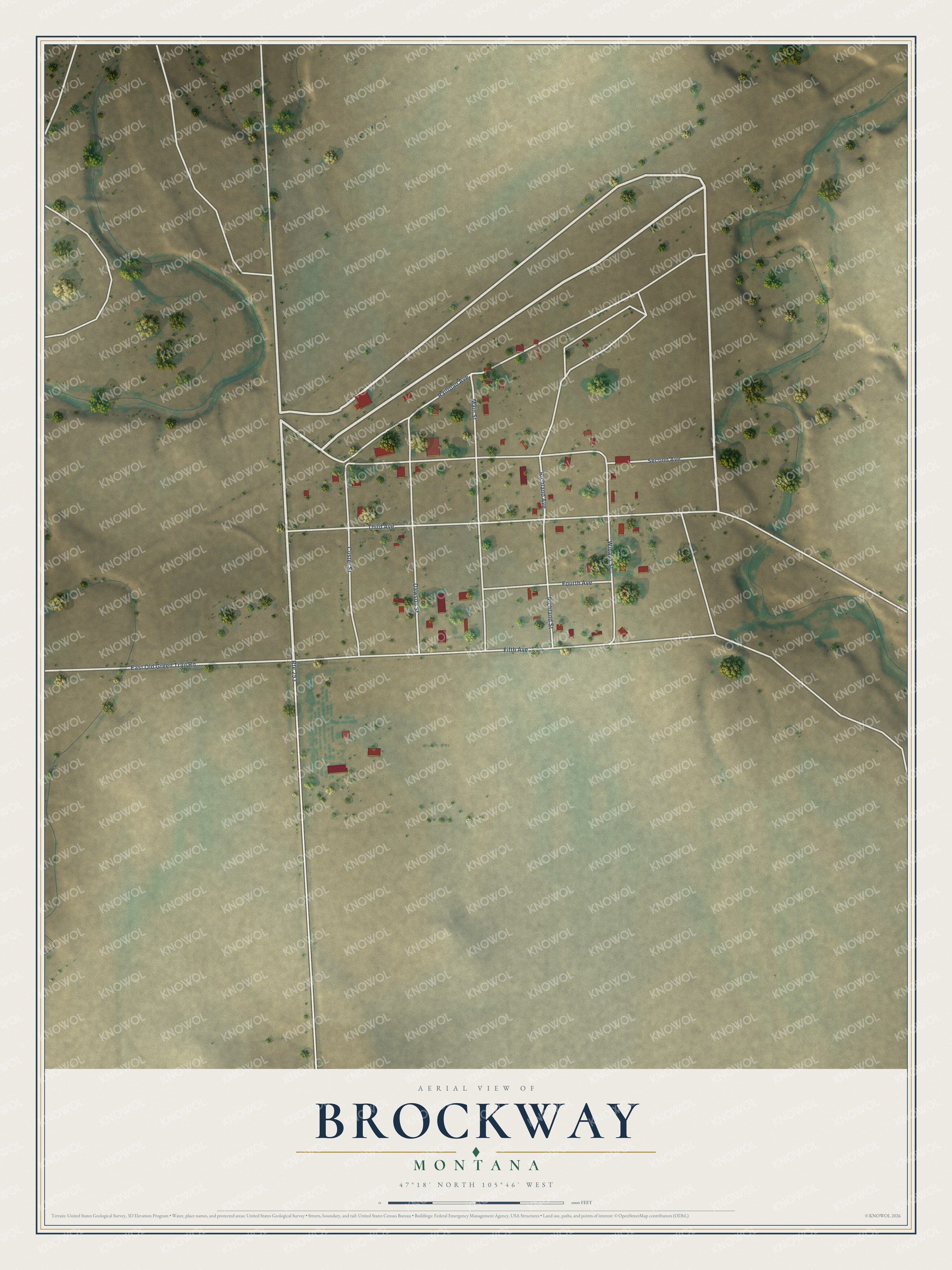 Full map of Brockway, Montana, with red buildings, printed street names and the land around them