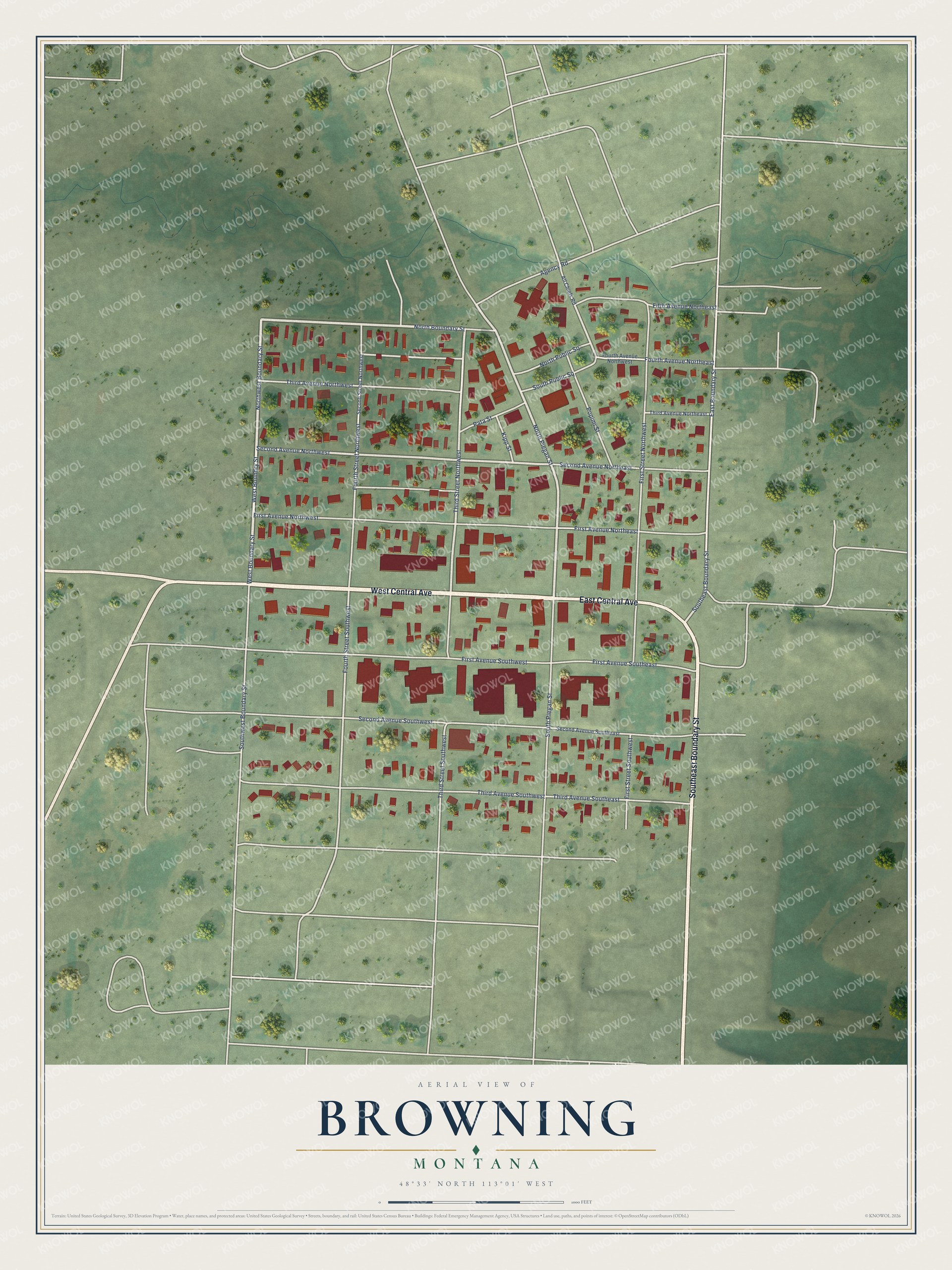 Full map of Browning, Montana, with red buildings, printed street names and the land around them