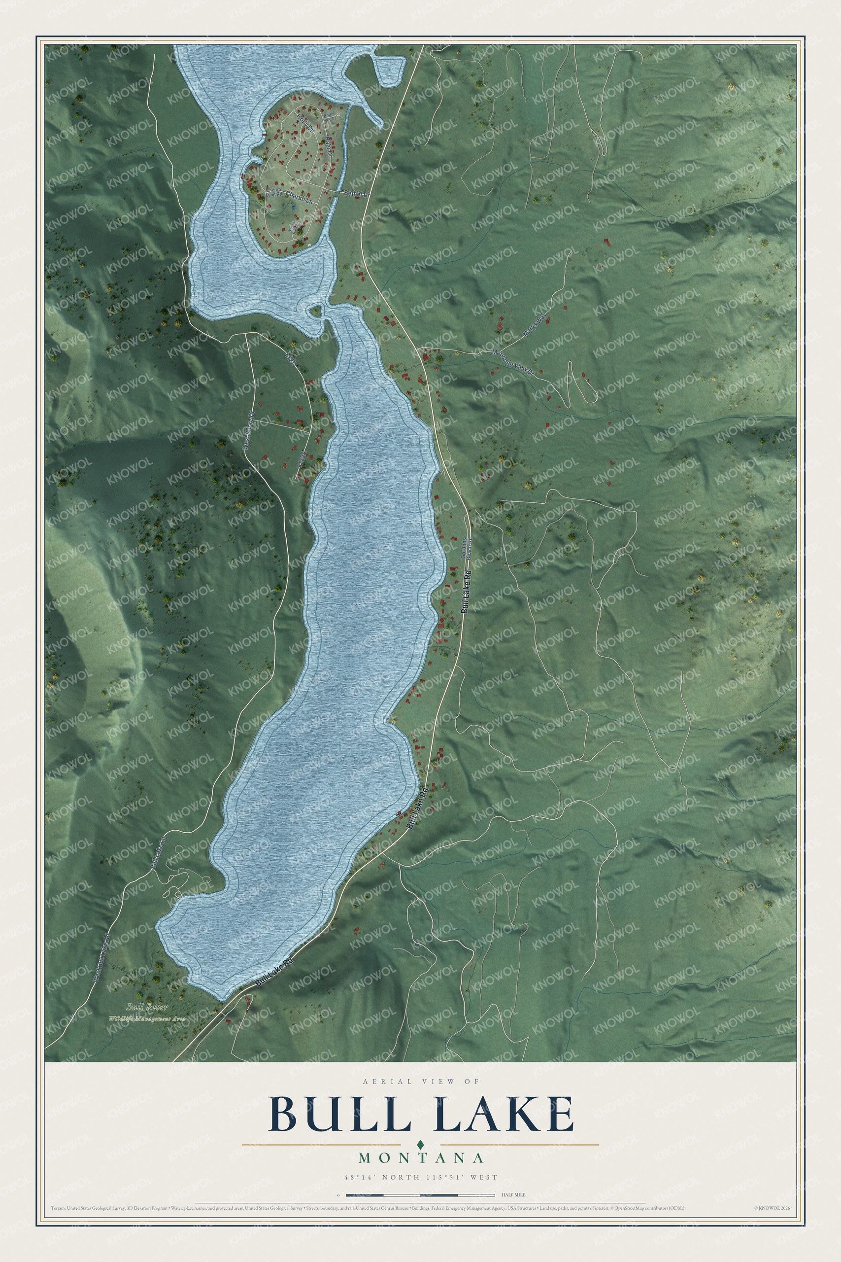 Full map of Bull Lake, Montana, with red buildings, printed street names and the land around them