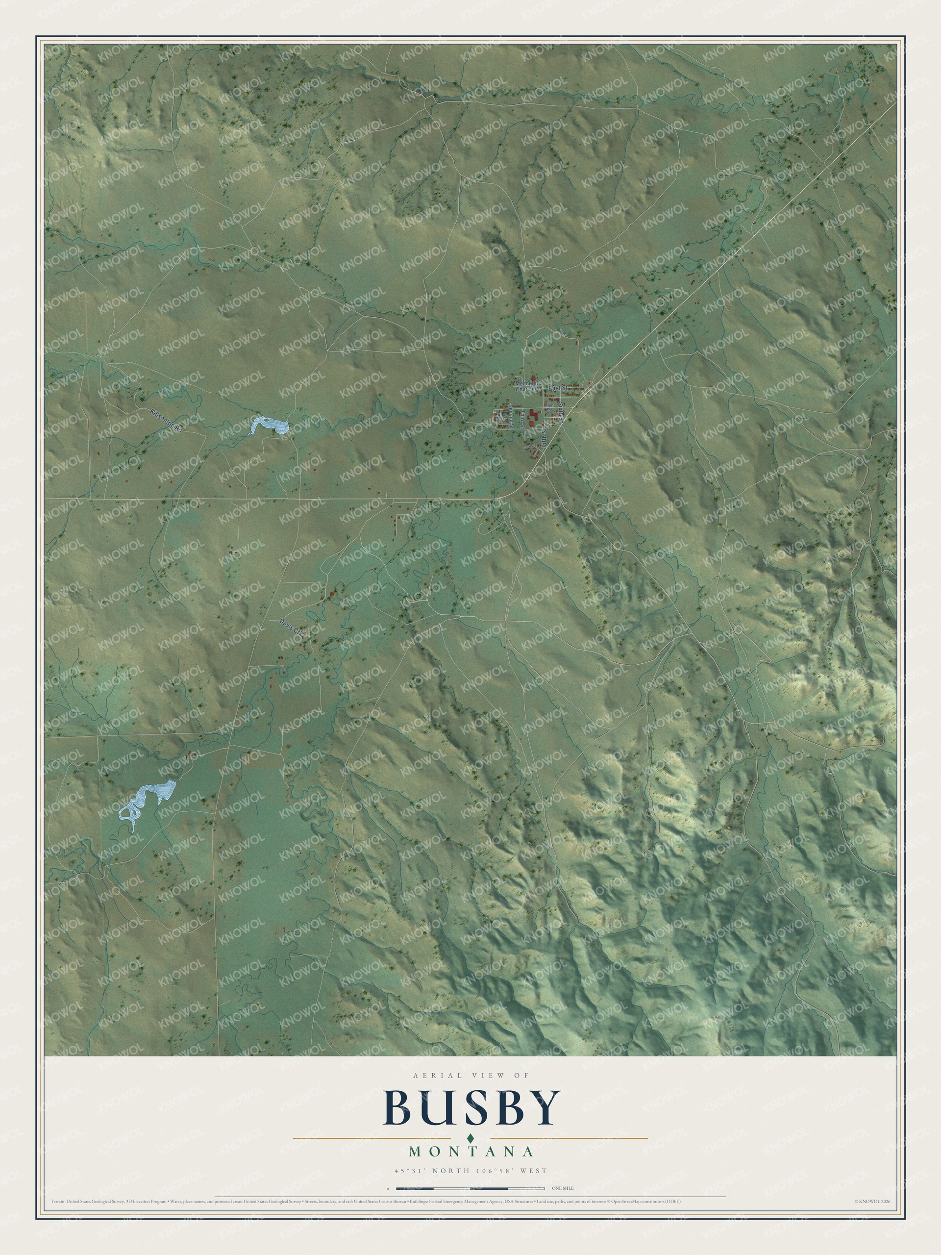 Full map of Busby, Montana, with red buildings, printed street names and the land around them