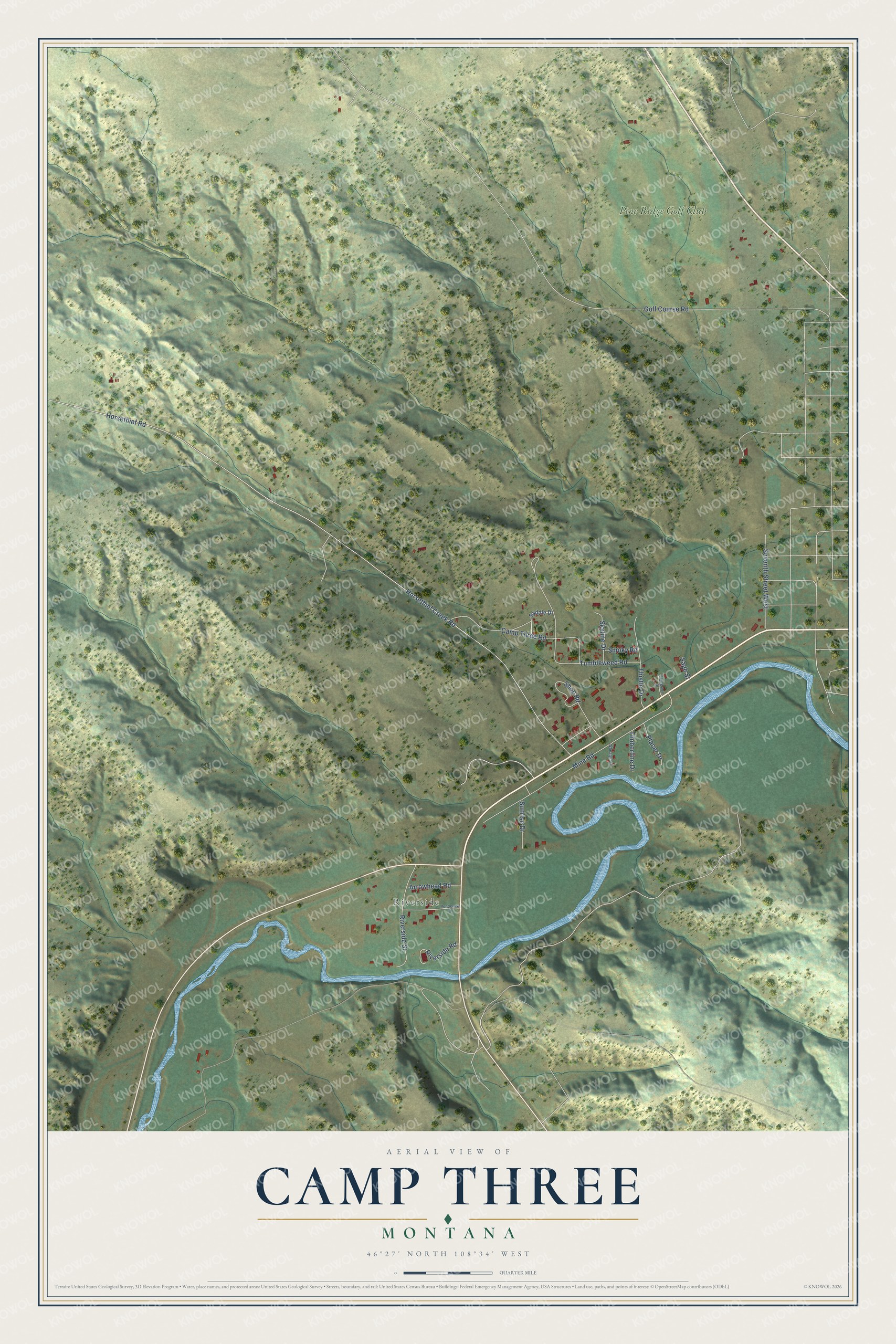 Full map of Camp Three, Montana, with red buildings, printed street names and the land around them