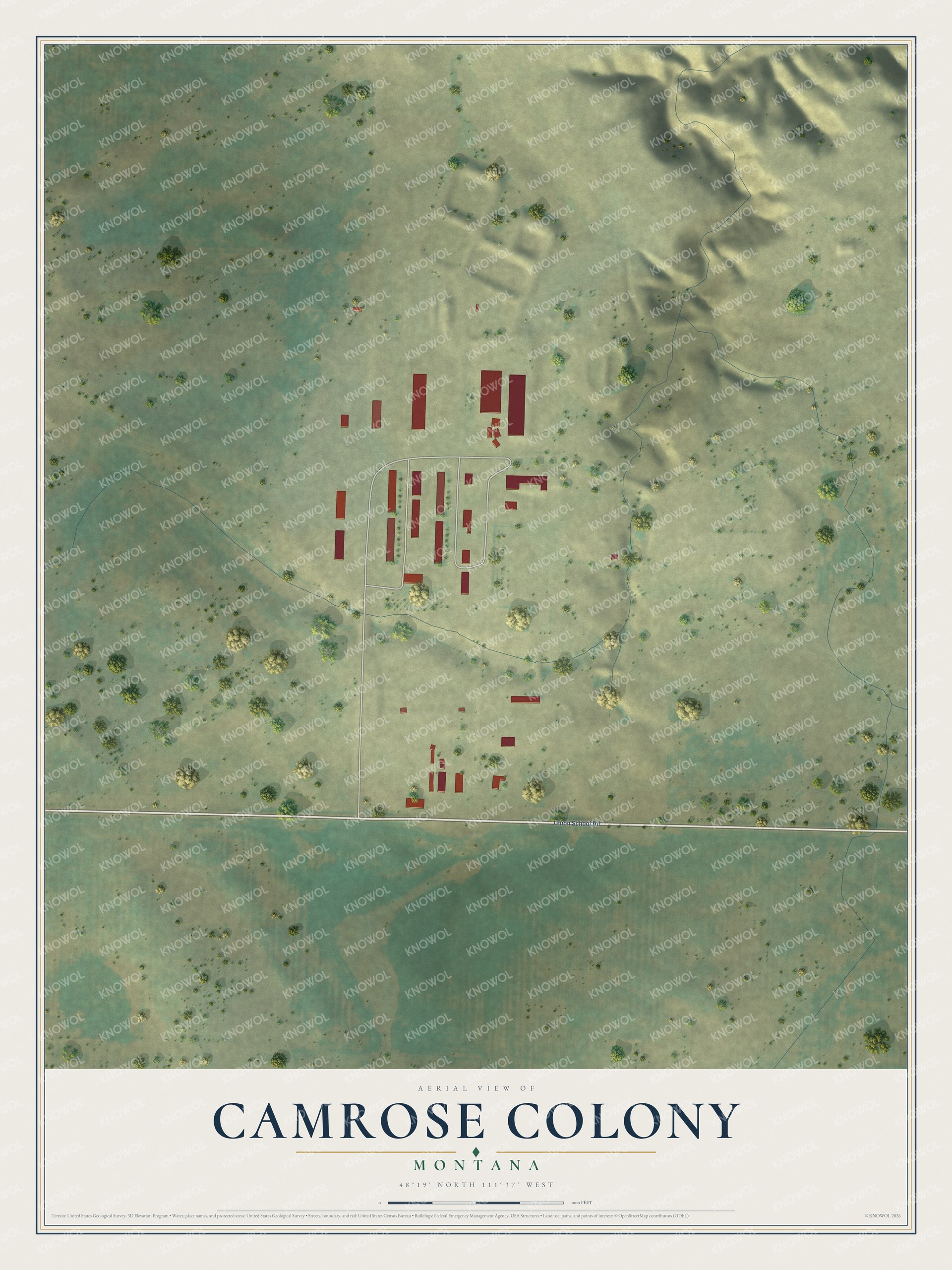 Full map of Camrose Colony, Montana, with red buildings, printed street names and the land around them