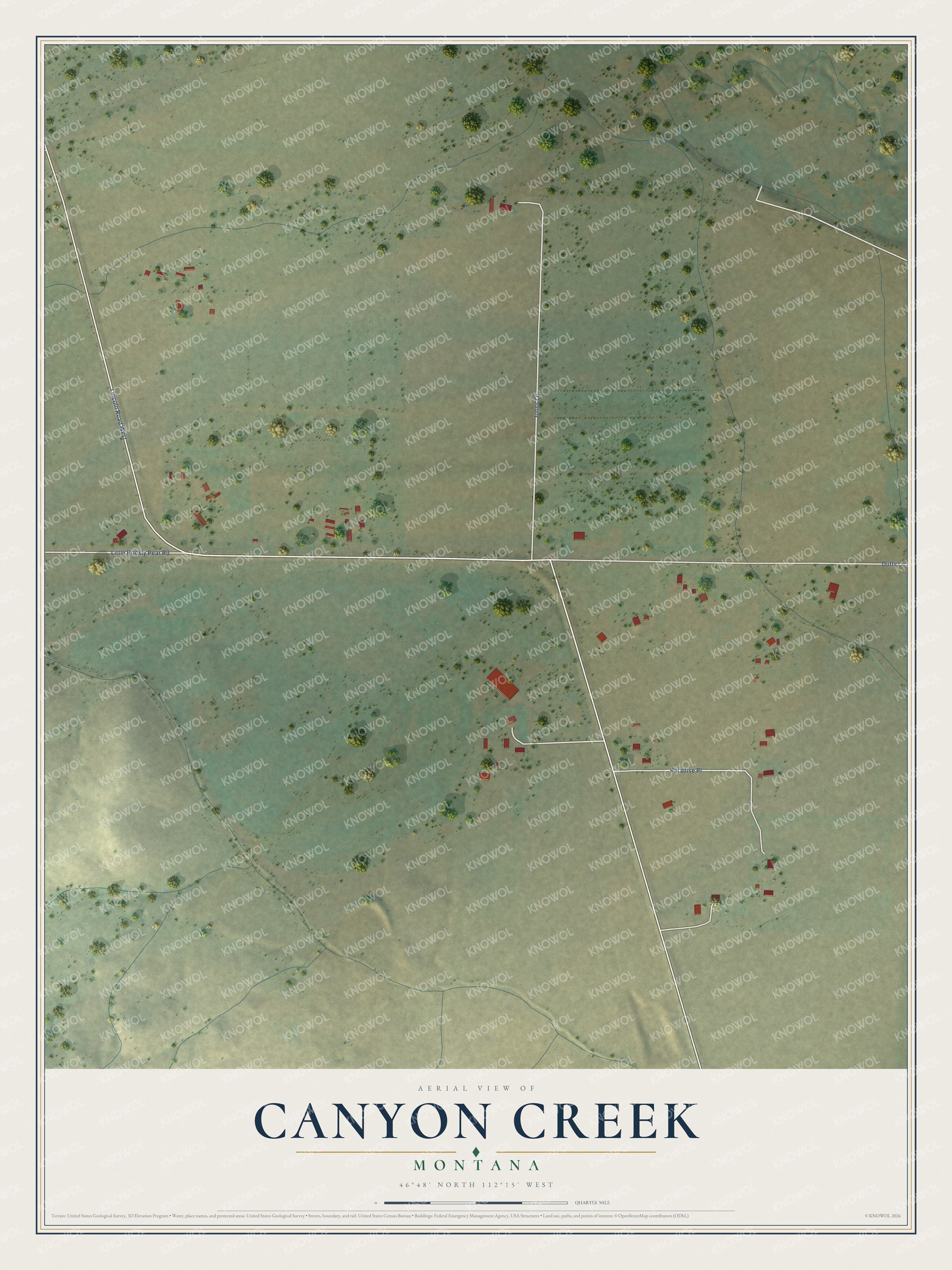 Full map of Canyon Creek, Montana, with red buildings, printed street names and the land around them