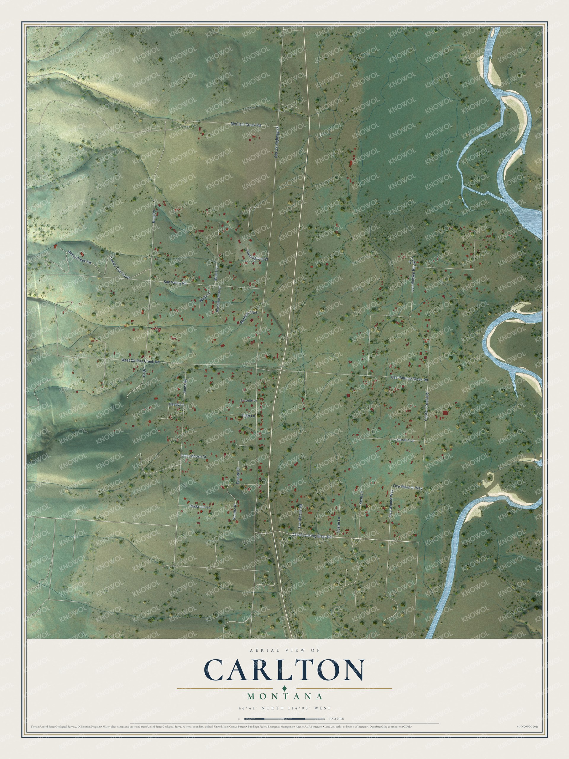 Full map of Carlton, Montana, with red buildings, printed street names and the land around them