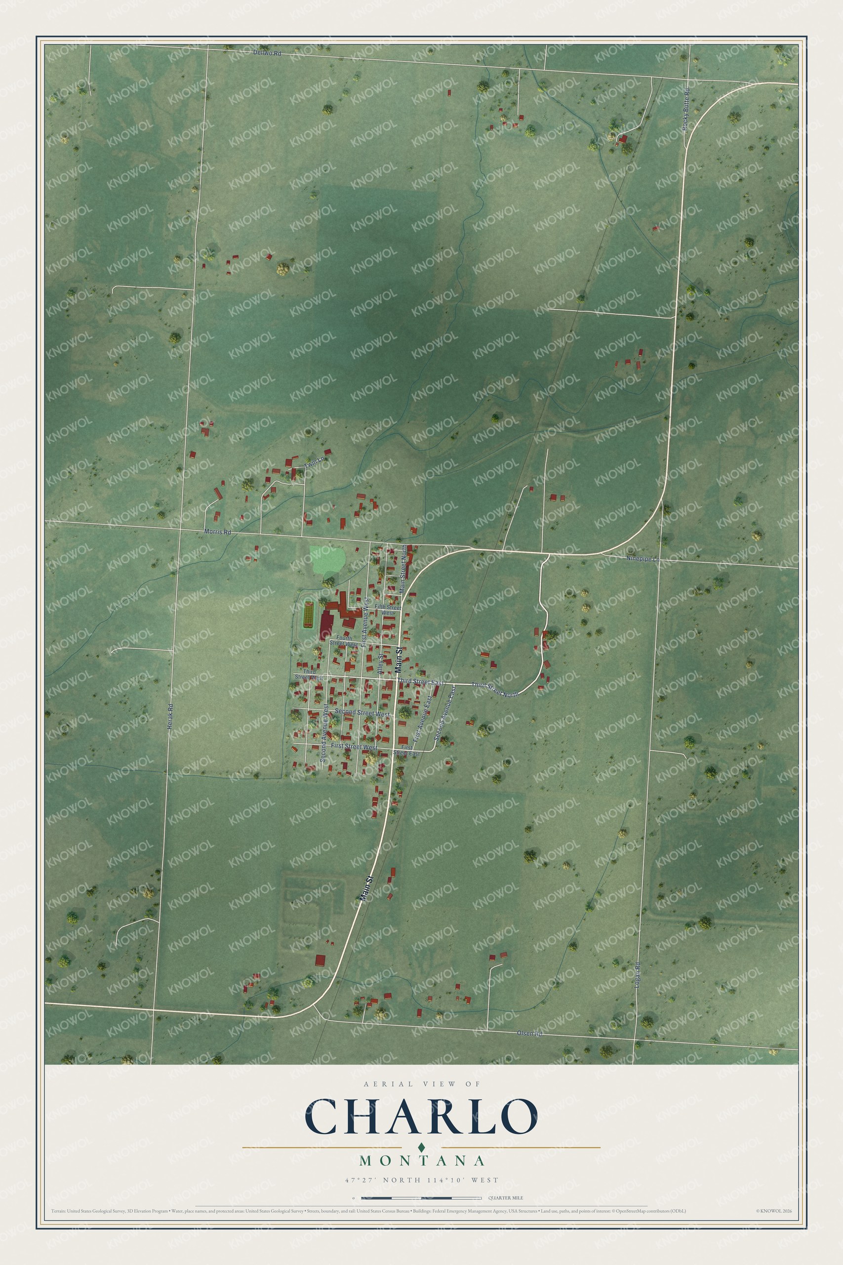 Full map of Charlo, Montana, with red buildings, printed street names and the land around them