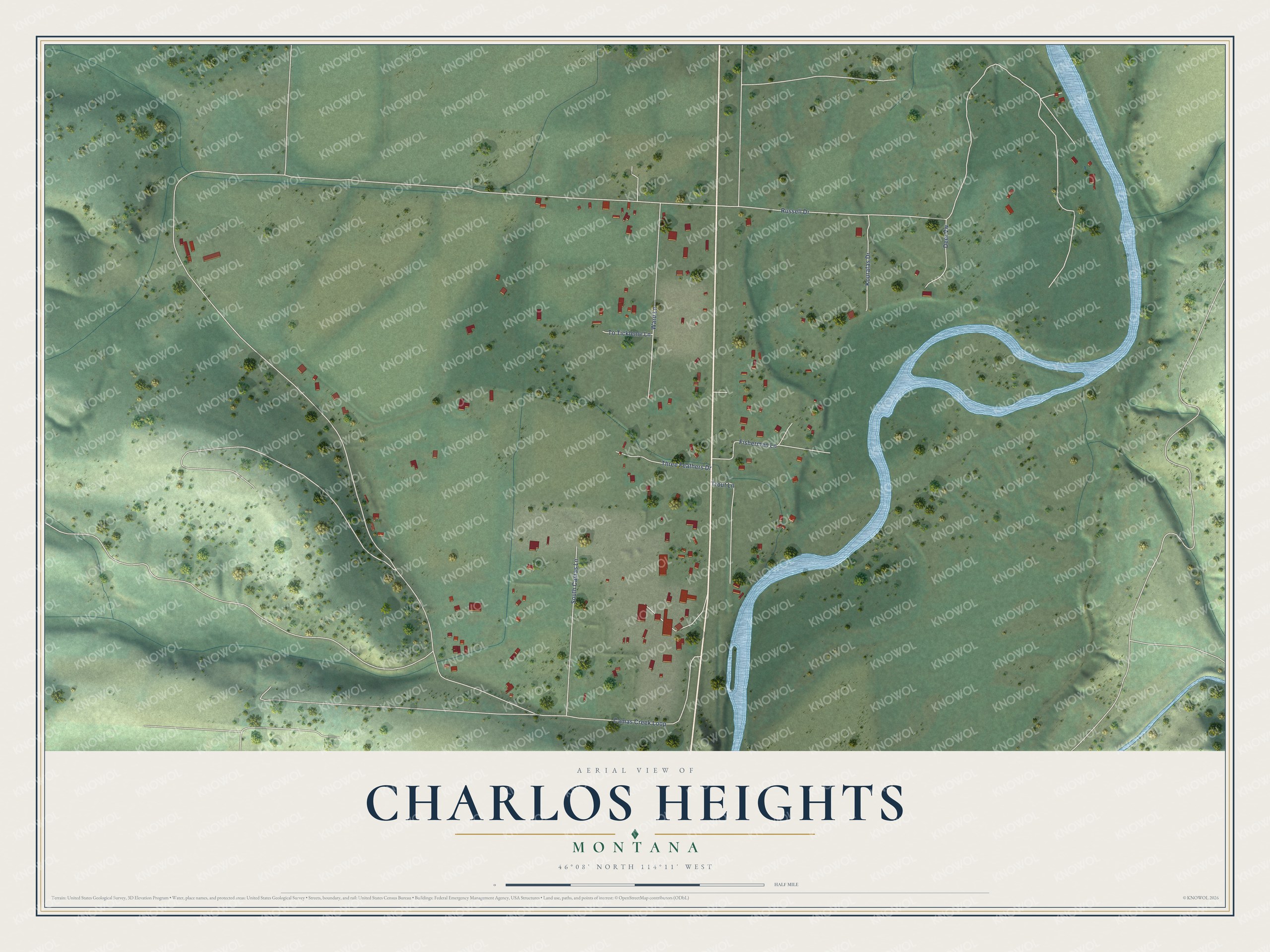 Full map of Charlos Heights, Montana, with red buildings, printed street names and the land around them