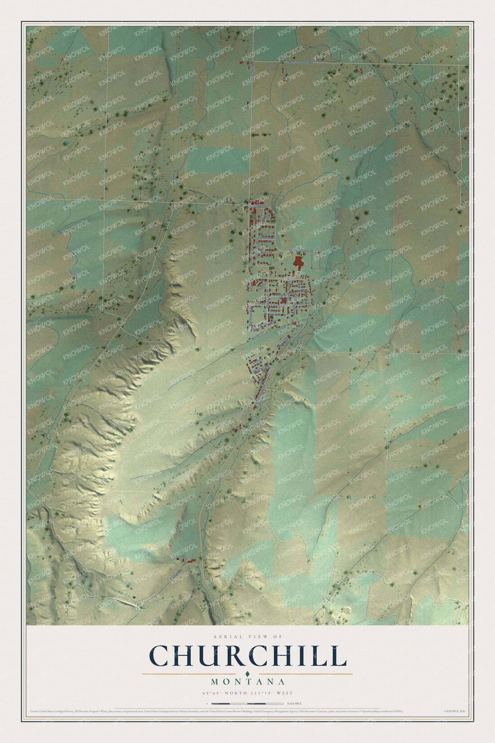 Full map of Churchill, Montana, with red buildings, printed street names and the land around them