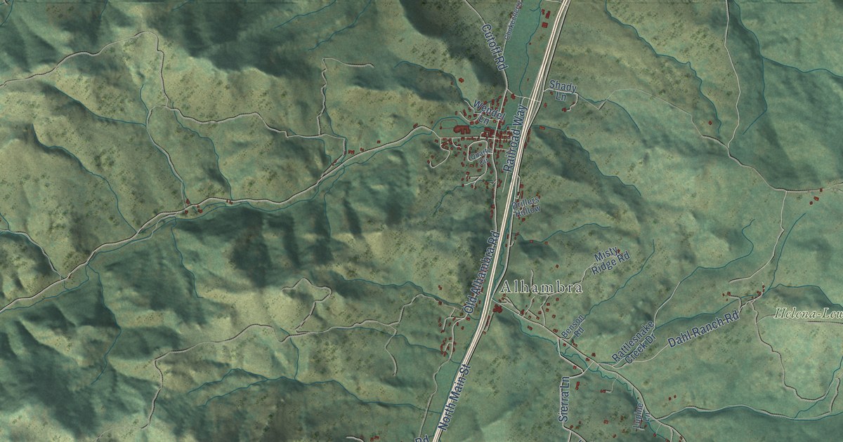 Close-up of streets and buildings in Clancy, Montana